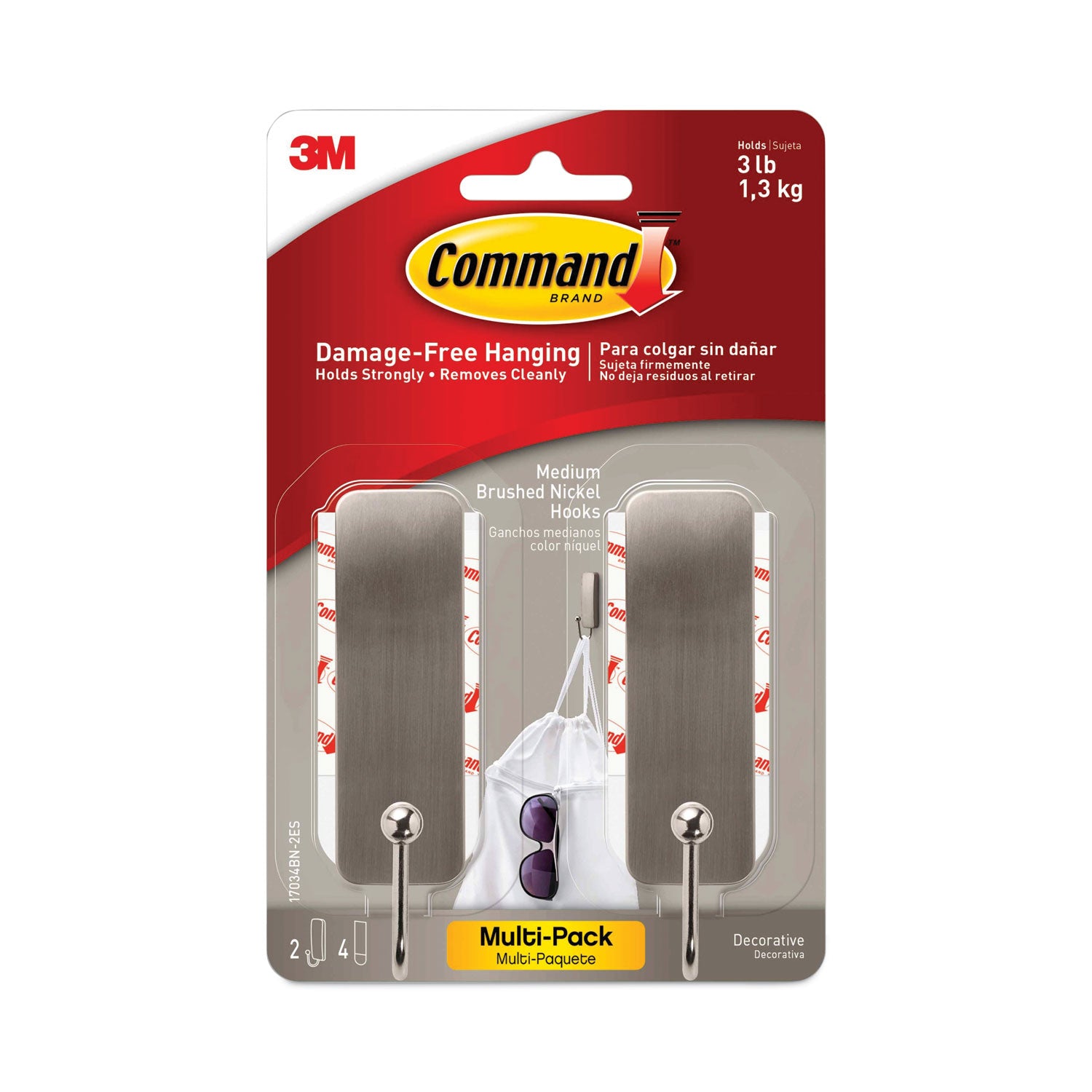 decorative-hooks-medium-metal-brushed-nickel-3-lb-capacity-2-hooks-and-4-strips-pack_mmm17034bn2es - 2