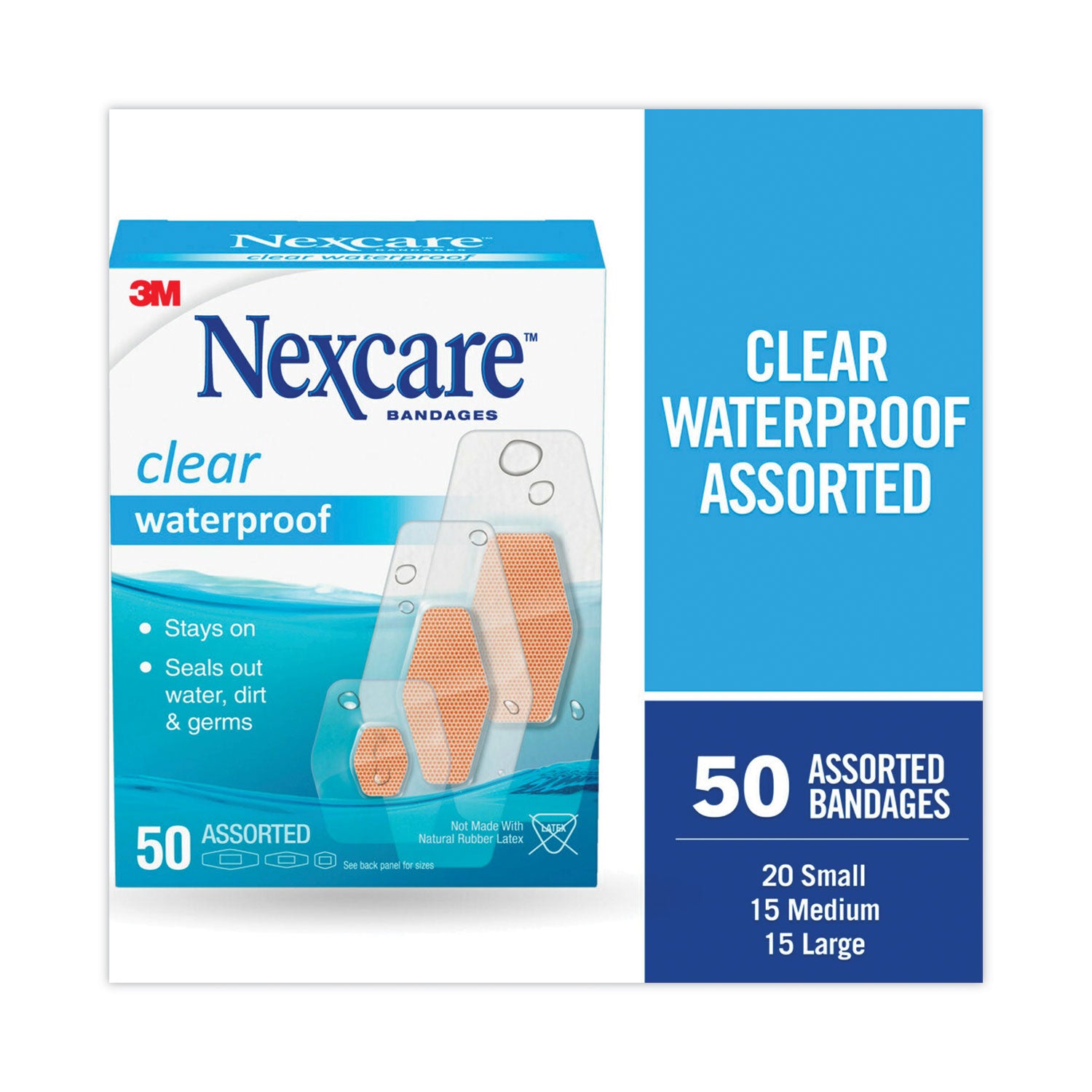 Waterproof, Clear Bandages, Assorted Sizes, 50/Box -