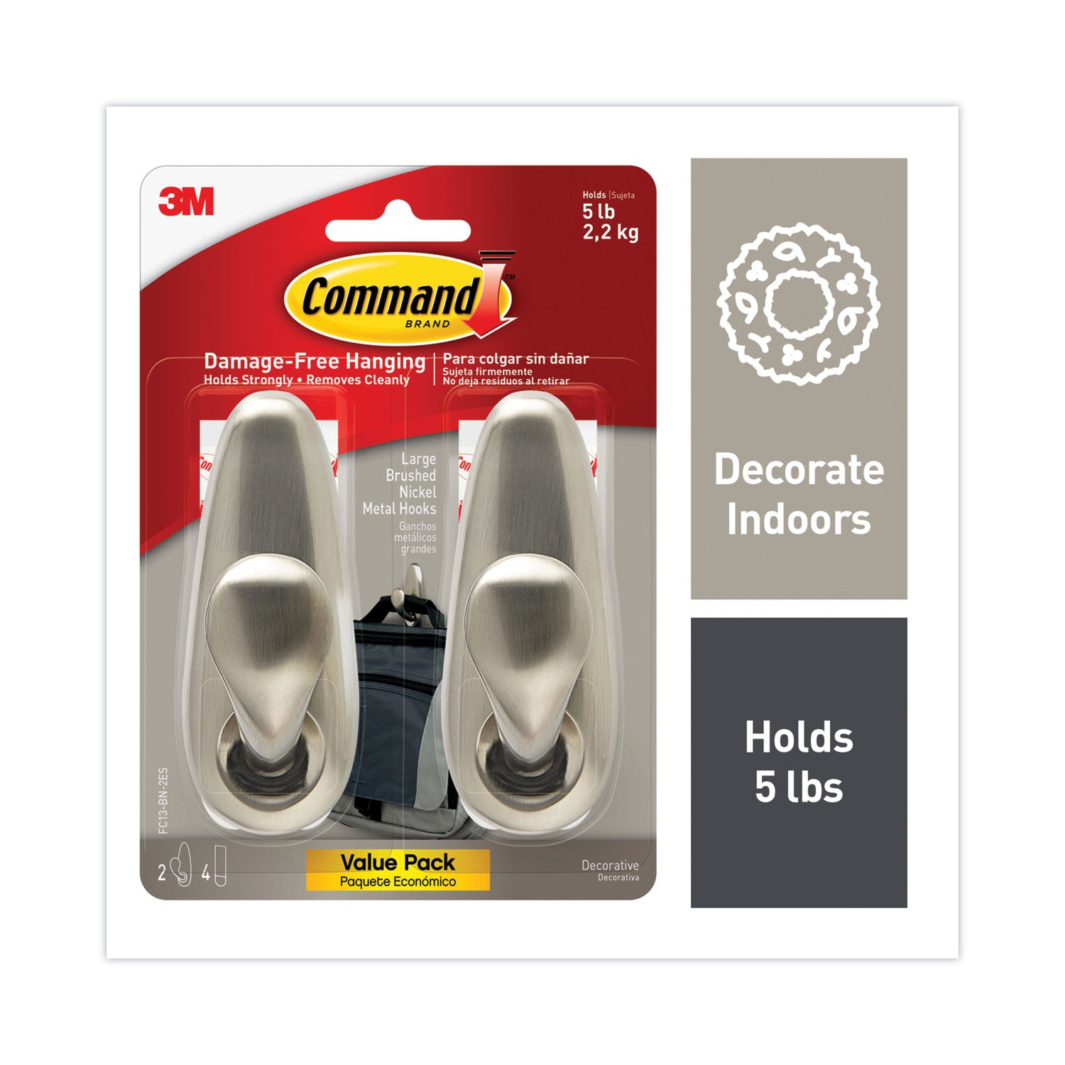 adhesive-mount-metal-hook-large-brushed-nickel-finish-5-lb-capacity-2-hooks-and-4-strips-pack_mmmfc13bn2es - 1