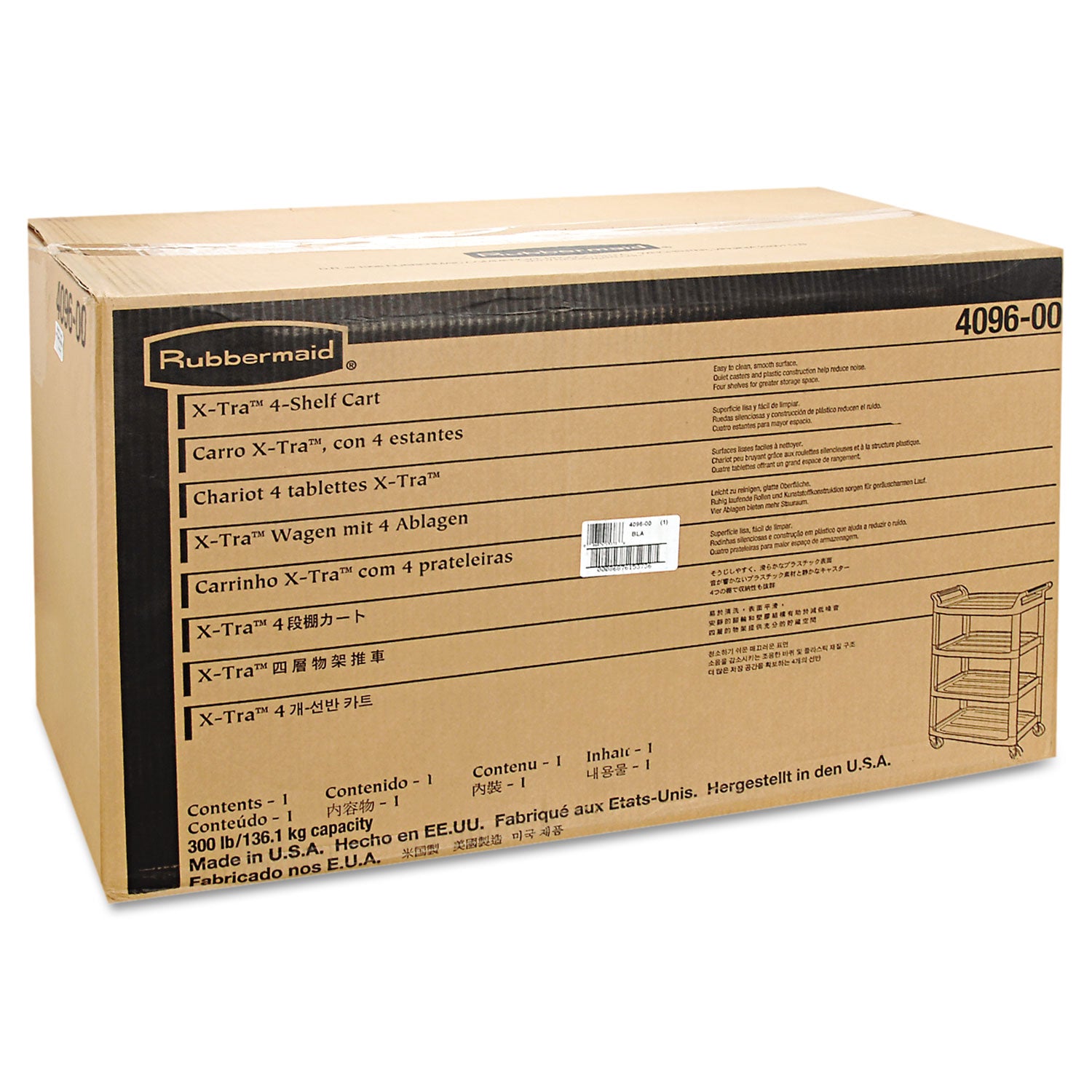 Xtra Utility Cart with Open Sides, Plastic, 4 Shelves, 400 lb Capacity, 40.63" x 20" x 51", Black -