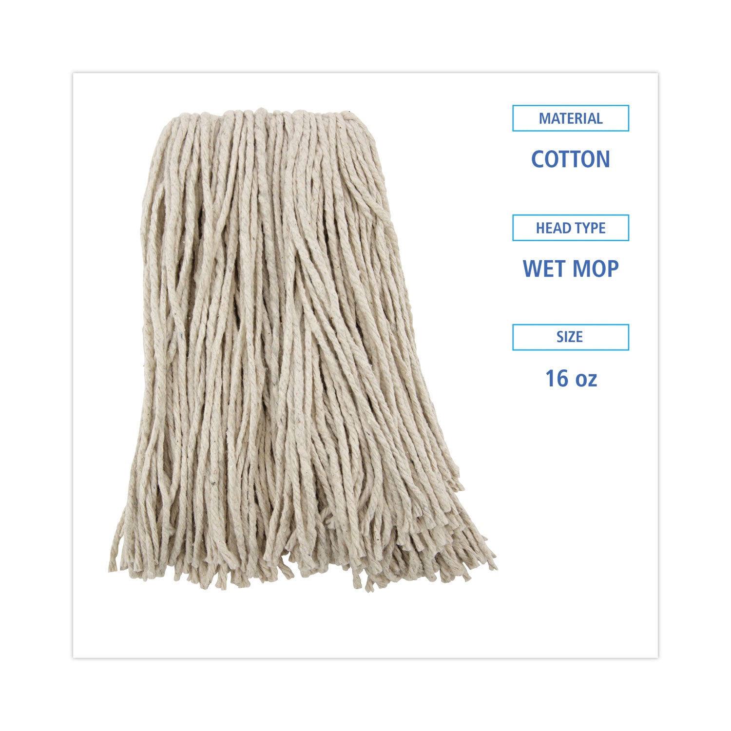 Premium Cut-End Wet Mop Heads, Cotton, 16oz, White, 12/Carton -