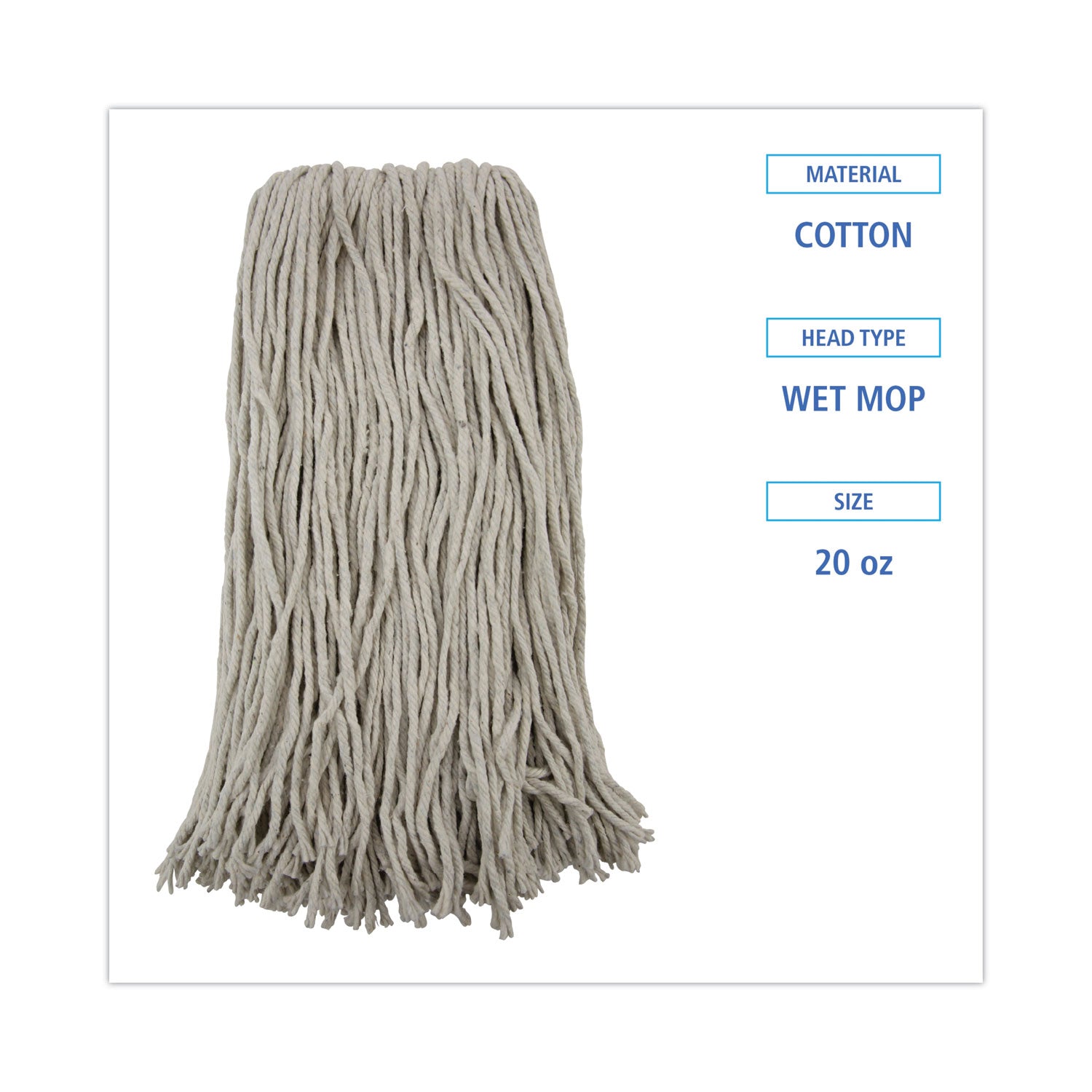 Premium Cut-End Wet Mop Heads, Cotton, 20oz, White, 12/Carton -