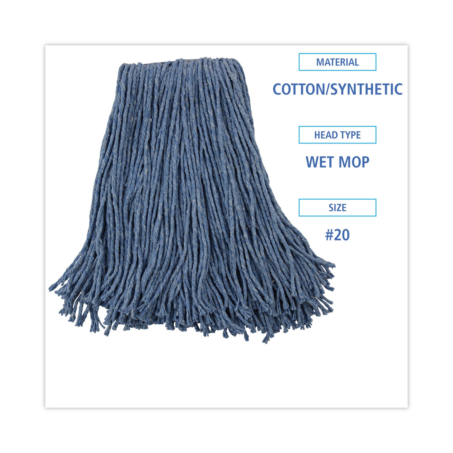 Mop Head, Standard Head, Cotton/Synthetic Fiber, Cut-End, #20, Blue, 12/Carton -