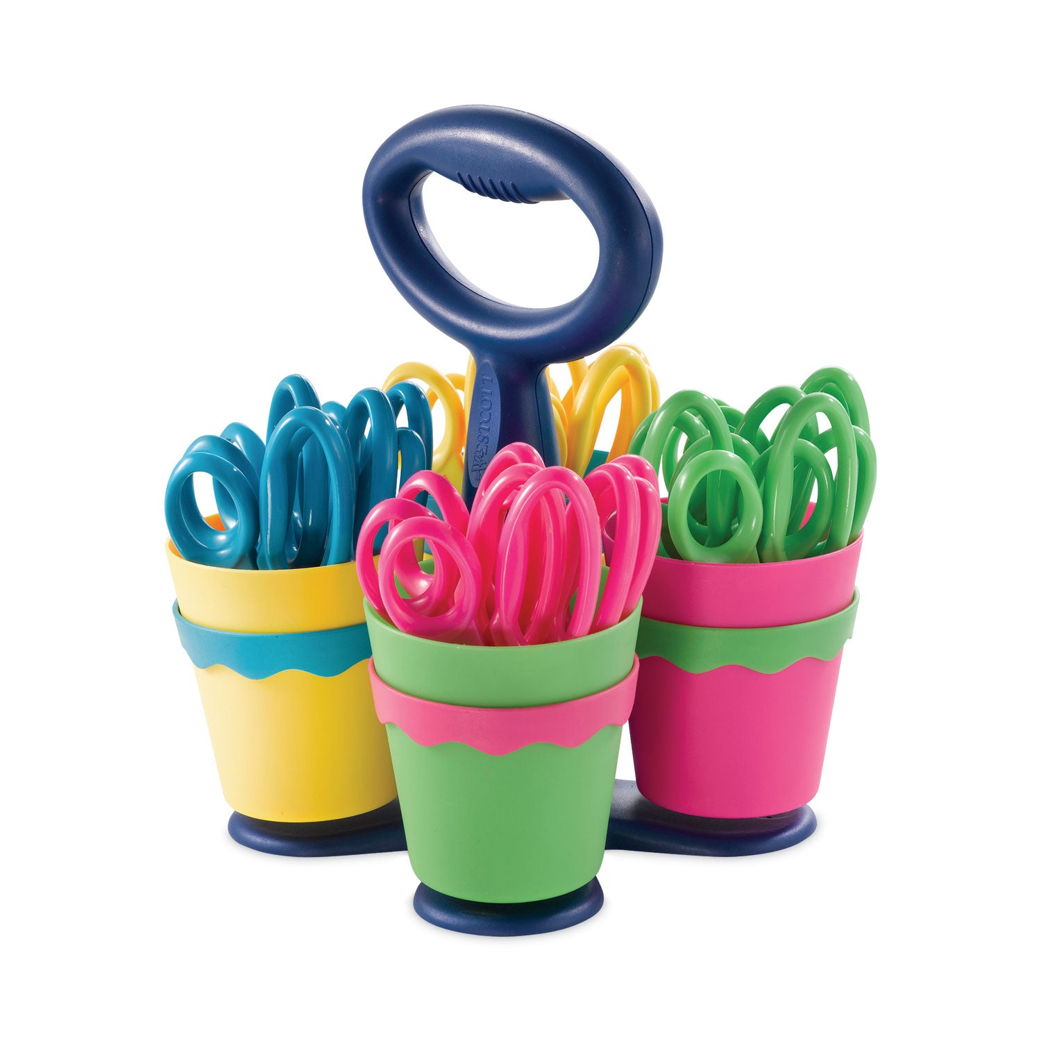 Scissor Caddy with Kids' Scissors, 5" Long, 2" Cut Length, Light Blue; Light Green; Pink; Yellow, Straight Handles, 24/Set -