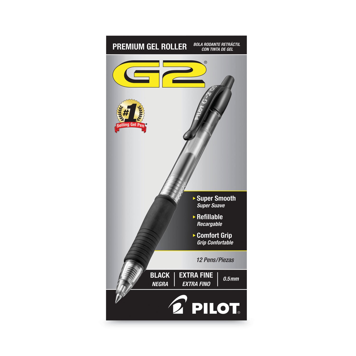 G2 Premium Gel Pen, Retractable, Extra-Fine 0.5 mm, Black Ink, Smoke/Black Barrel, Dozen -