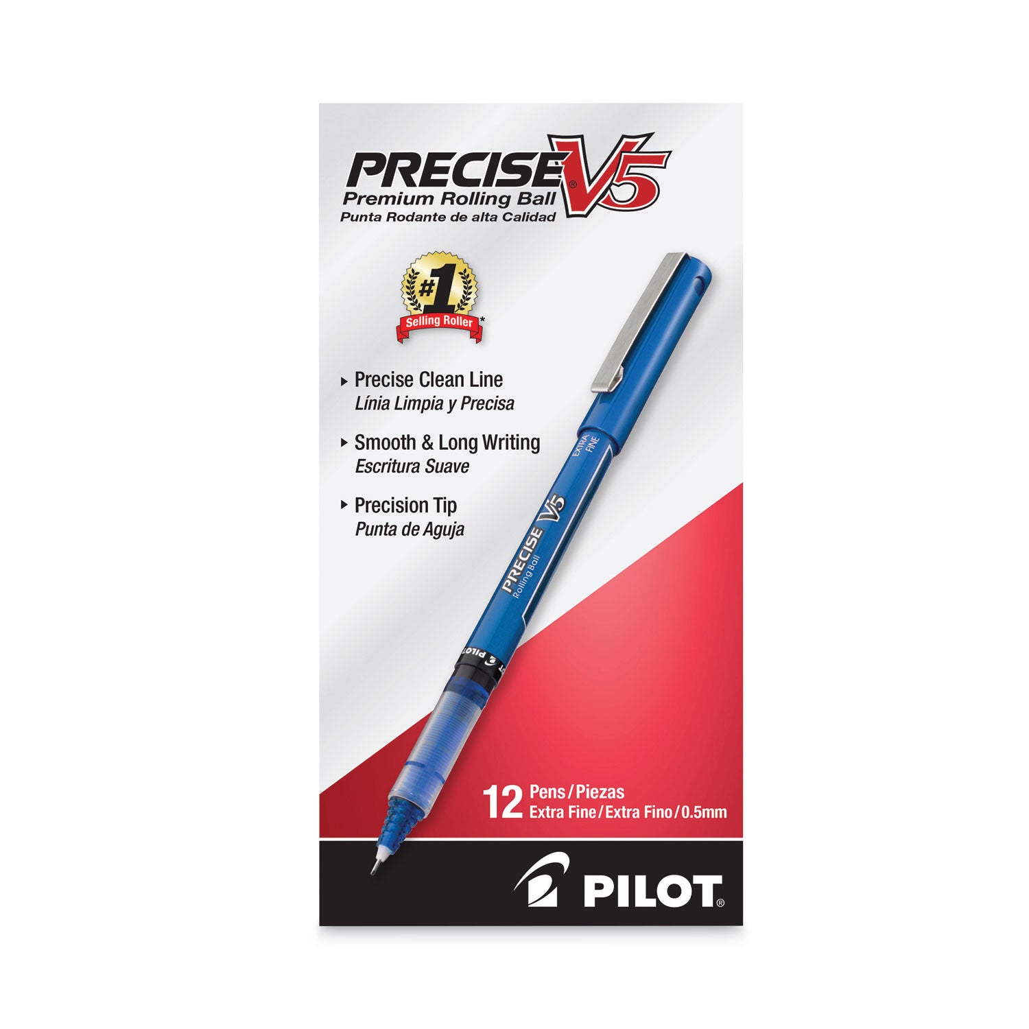 Precise V5 Roller Ball Pen, Stick, Extra-Fine 0.5 mm, Blue Ink, Blue/Clear Barrel, Dozen -