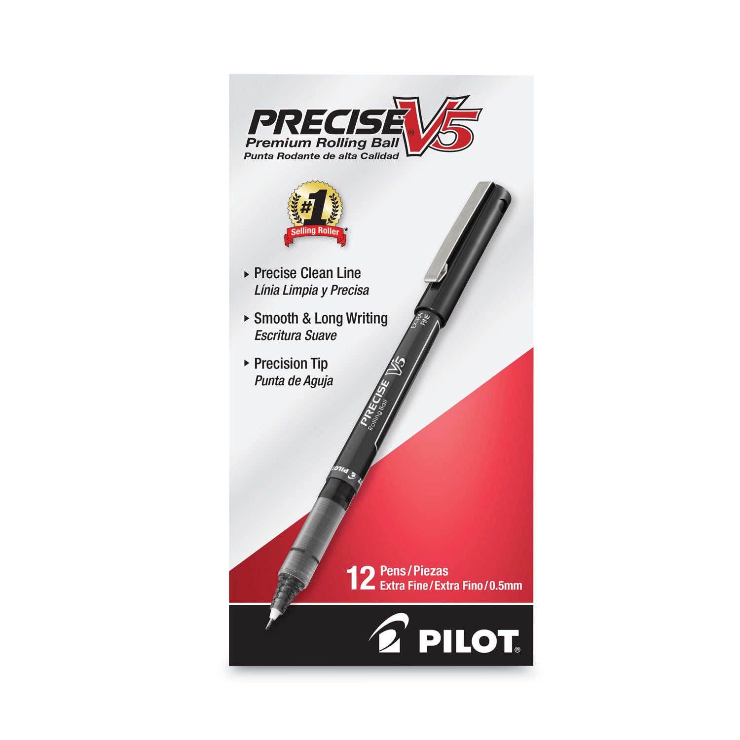 Precise V5 Roller Ball Pen, Stick, Extra-Fine 0.5 mm, Black Ink, Black/Clear Barrel, Dozen -