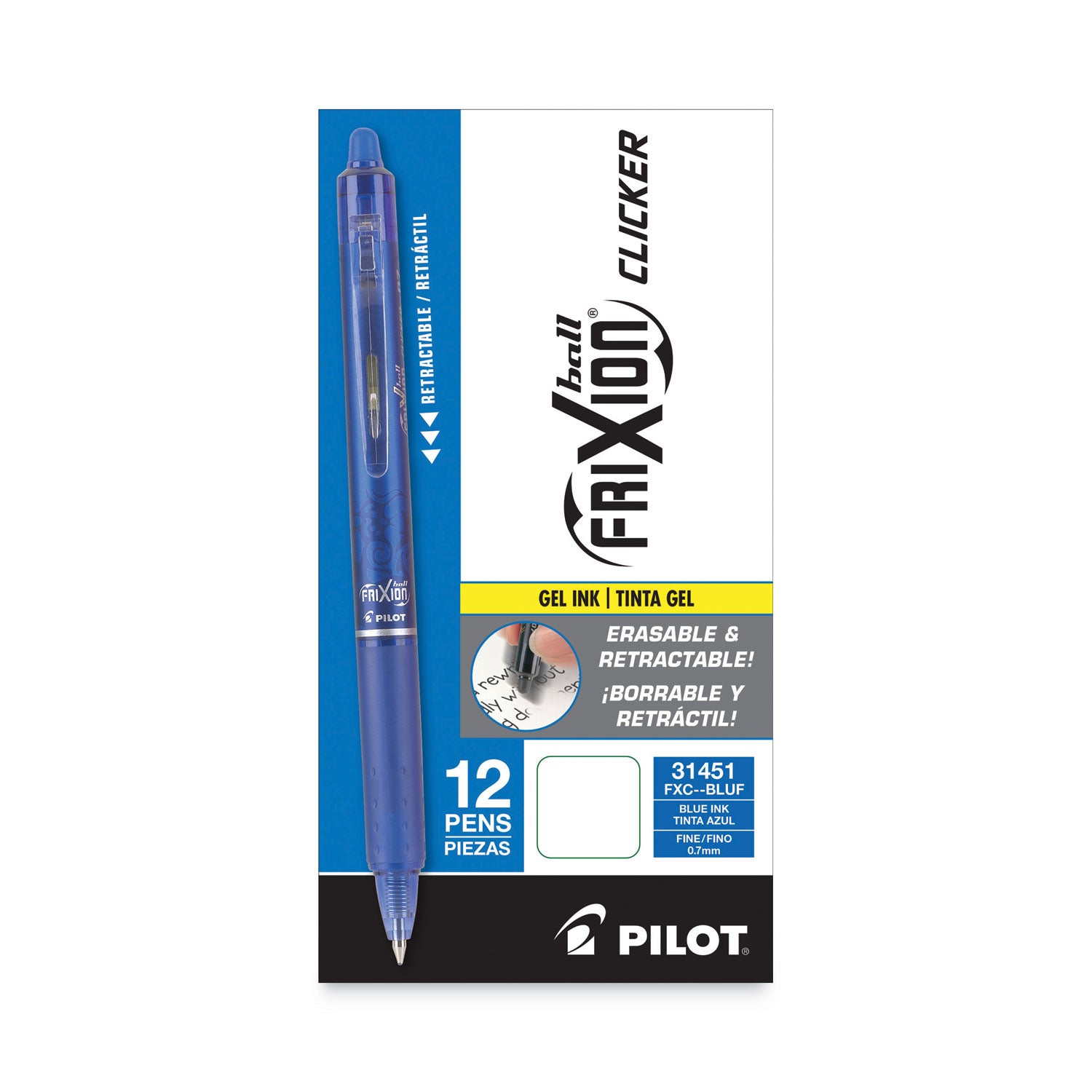 FriXion Clicker Erasable Gel Pen, Retractable, Fine 0.7 mm, Blue Ink, Blue Barrel -