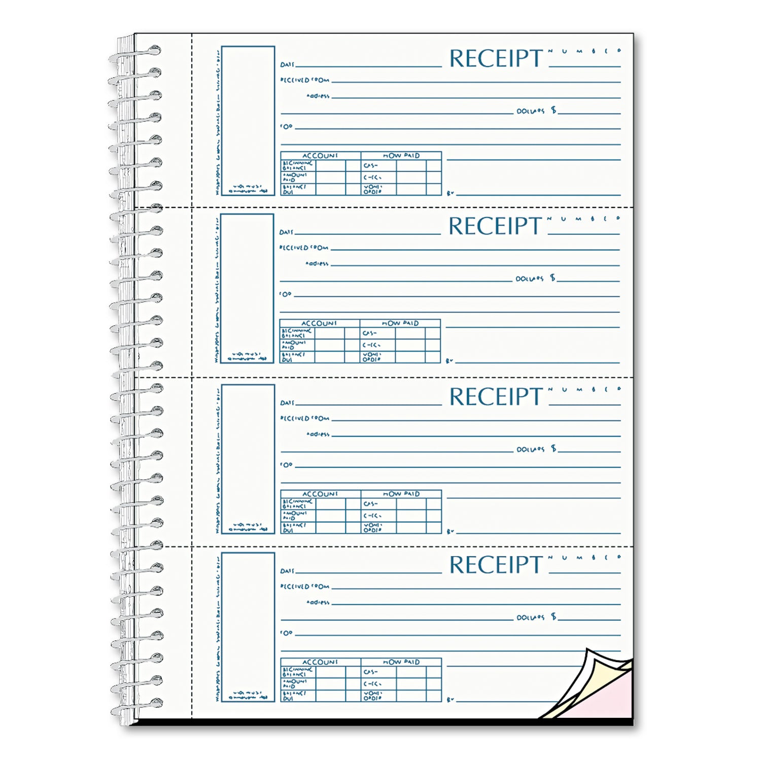 Spiralbound Unnumbered Money Receipt Book, Three-Part Carbonless, 7 x 2.75, 4 Forms/Sheet, 120 Forms Total -