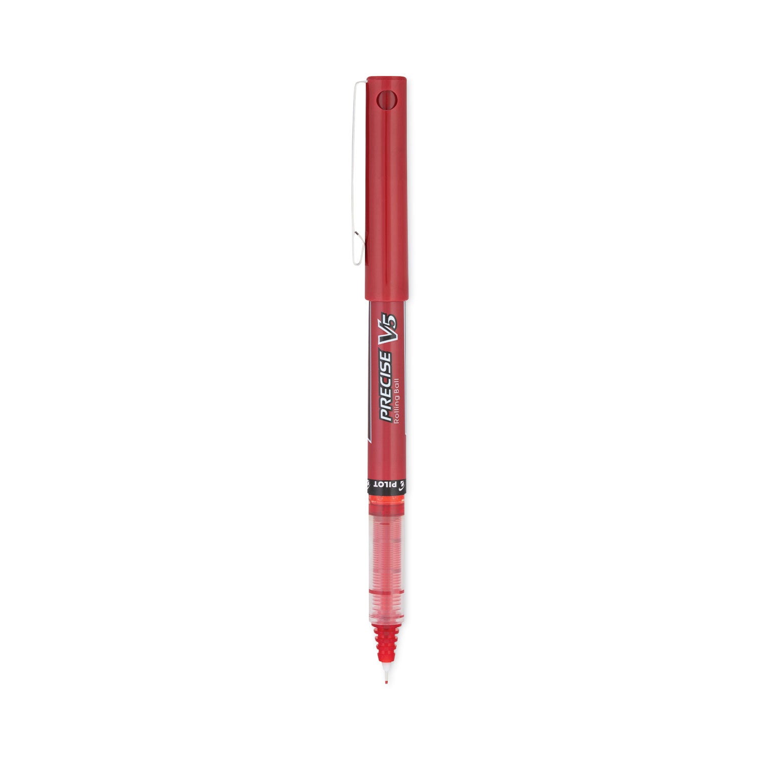Precise V5 Roller Ball Pen, Stick, Extra-Fine 0.5 mm, Red Ink, Red/Clear Barrel, Dozen -
