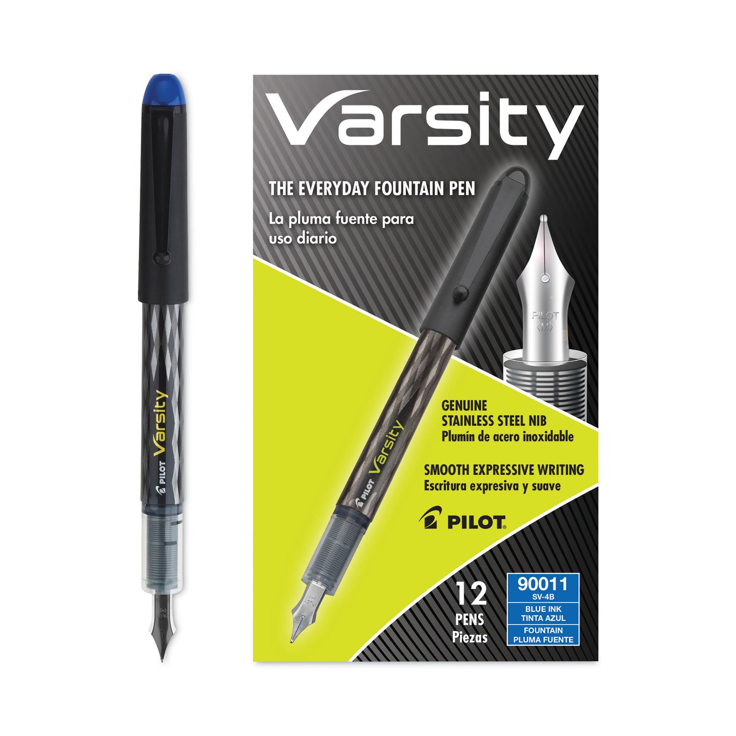Varsity Fountain Pen, Medium 1 mm, Blue Ink, Clear/Black/Blue Barrel -