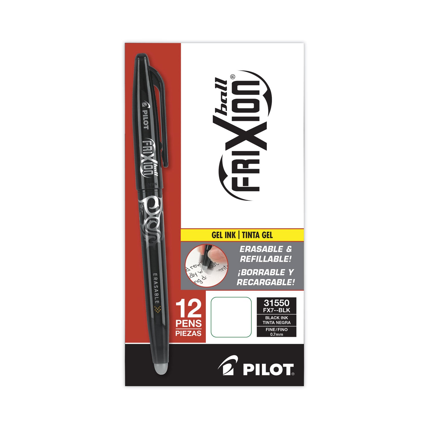 FriXion Ball Erasable Gel Pen, Stick, Fine 0.7 mm, Black Ink, Black/White Barrel -