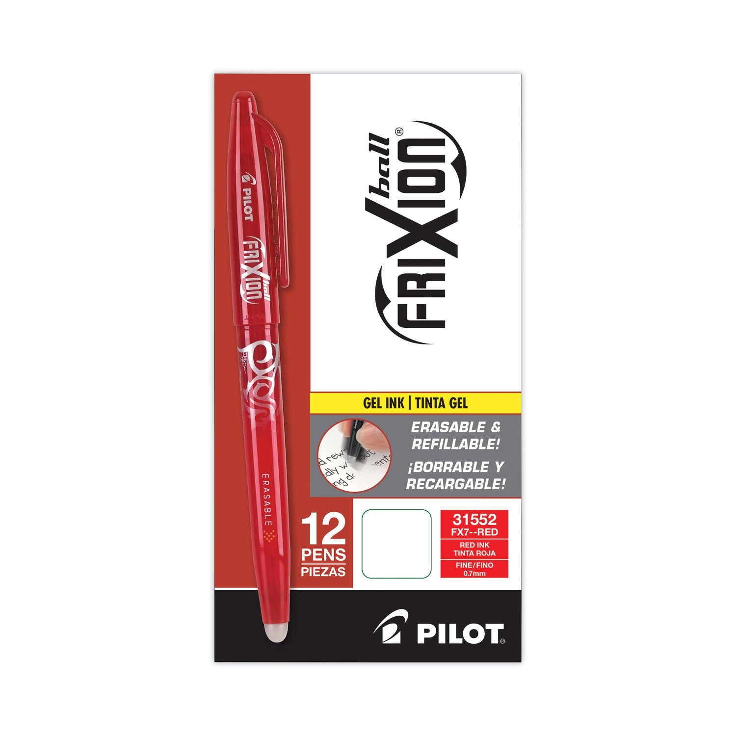 FriXion Ball Erasable Gel Pen, Stick, Fine 0.7 mm, Red Ink, Red Barrel -