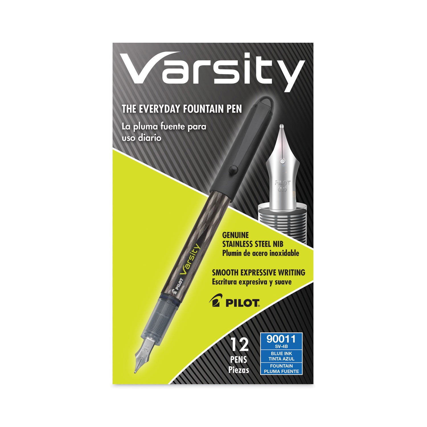 Varsity Fountain Pen, Medium 1 mm, Blue Ink, Clear/Black/Blue Barrel -
