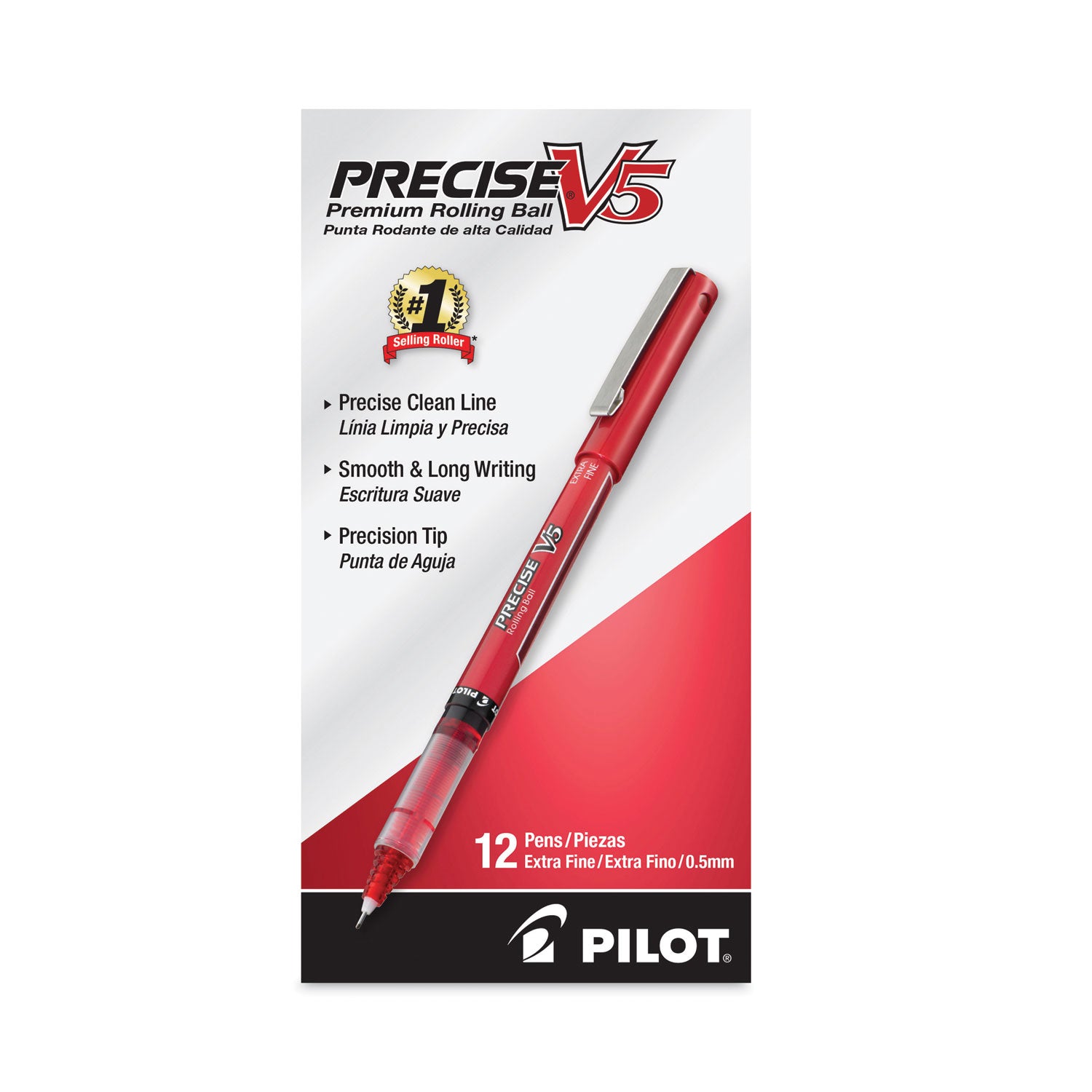 Precise V5 Roller Ball Pen, Stick, Extra-Fine 0.5 mm, Red Ink, Red/Clear Barrel, Dozen -