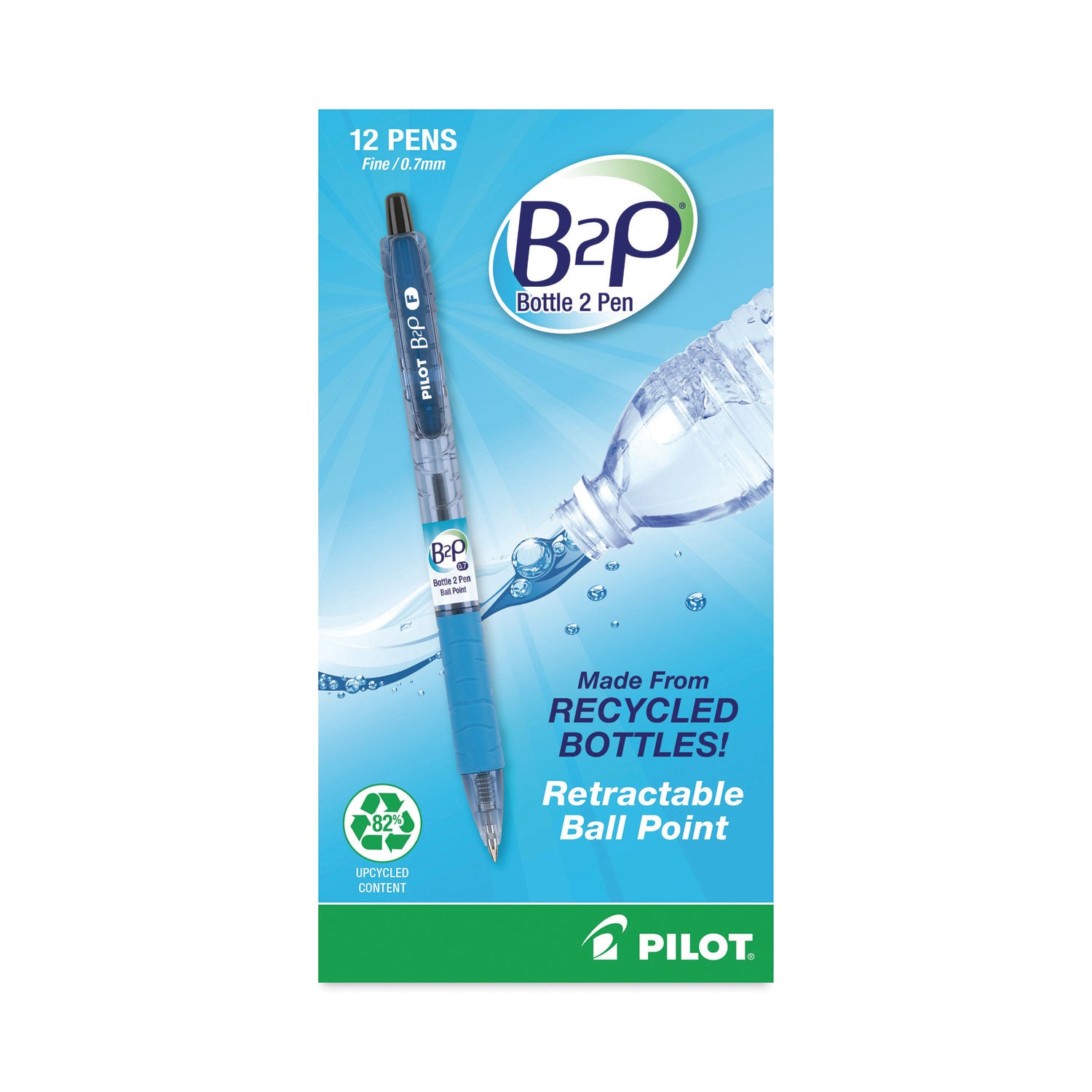 B2P Bottle-2-Pen Recycled Ballpoint Pen, Retractable, Fine 0.7 mm, Black Ink, Translucent Blue Barrel, Dozen -