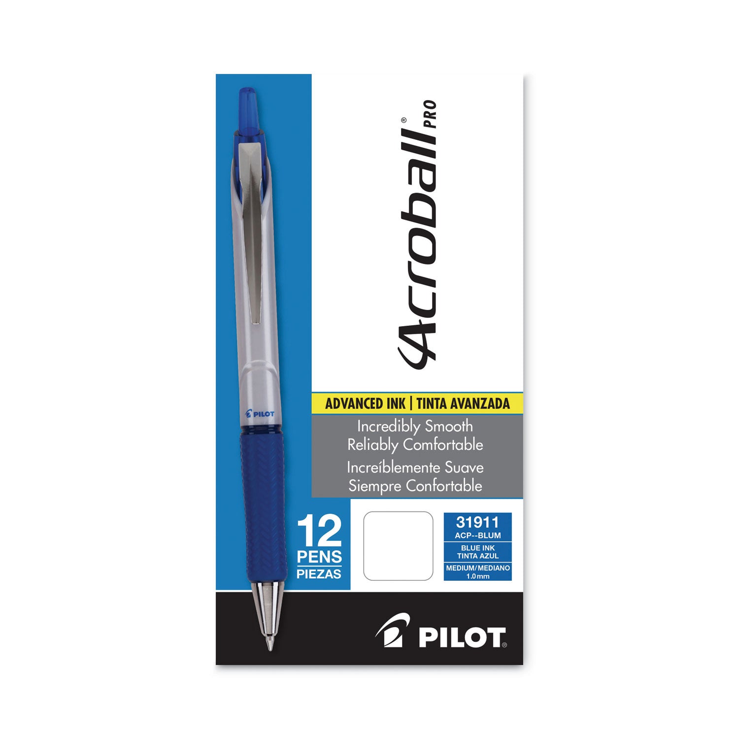 Acroball Pro Advanced Ink Hybrid Gel Pen, Retractable, Medium 1 mm, Blue Ink, Silver/Blue Barrel, Dozen -