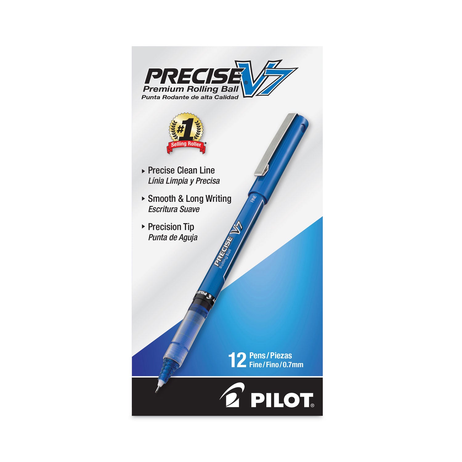 Precise V7 Roller Ball Pen, Stick, Fine 0.7 mm, Blue Ink, Blue/Clear Barrel, Dozen -