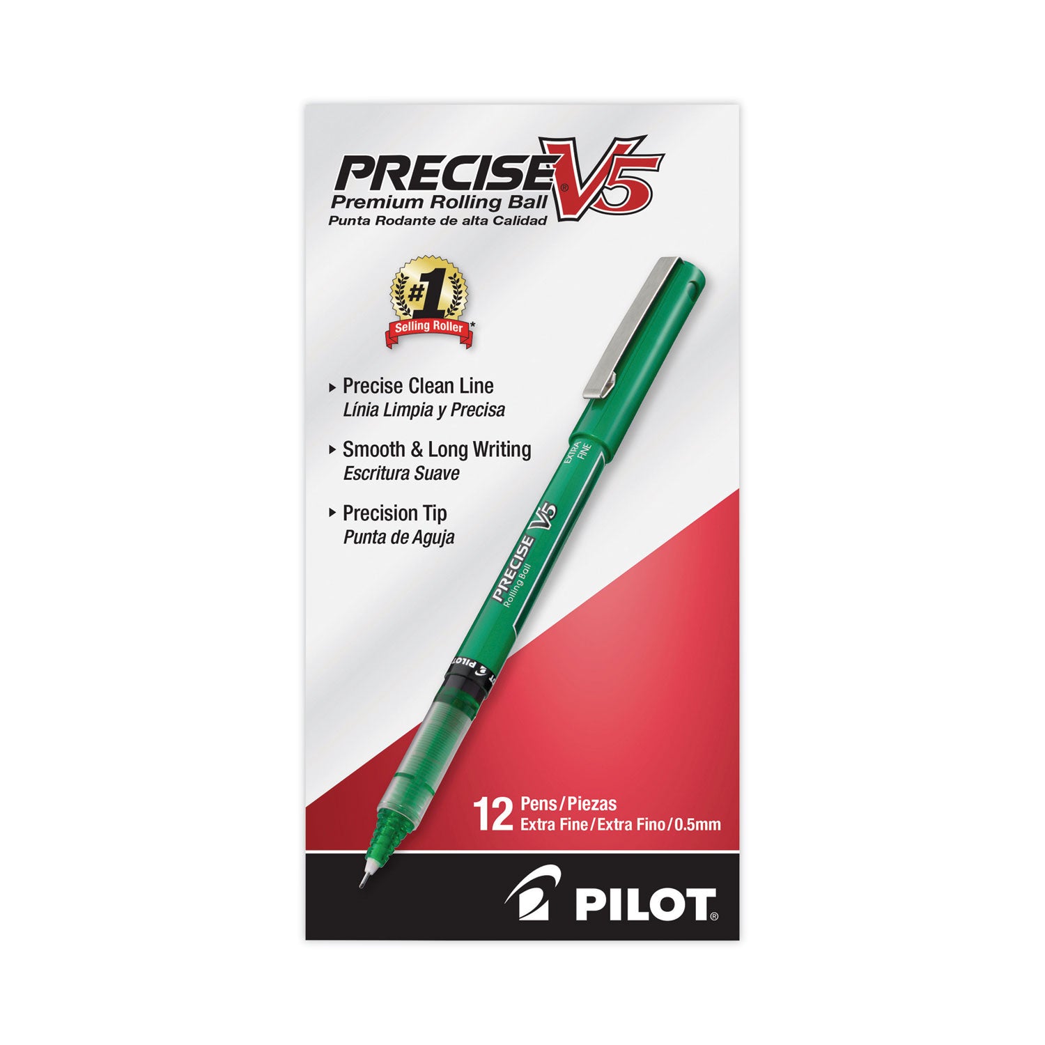 Precise V5 Roller Ball Pen, Stick, Extra-Fine 0.5 mm, Green Ink, Green/Clear Barrel, Dozen -
