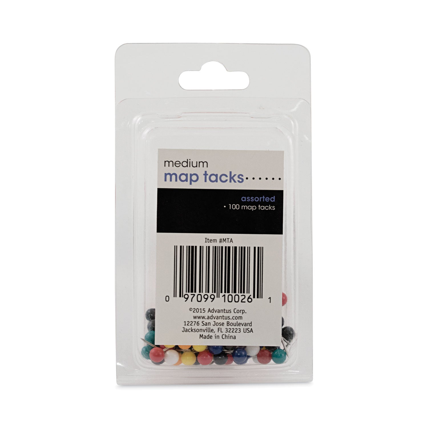 Map Tacks, Plastic, Assorted, 0.38", 100/Box -