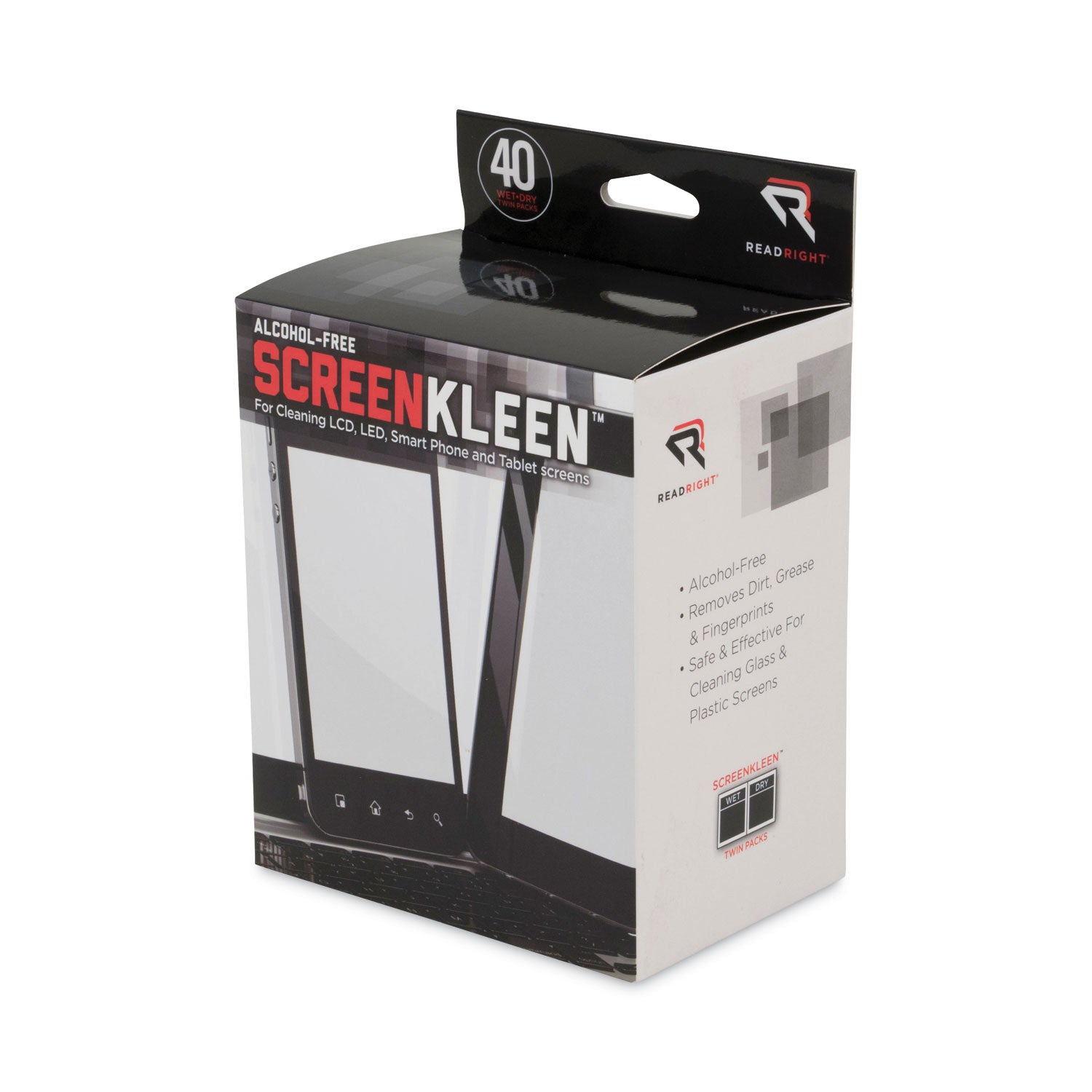 ScreenKleen Alcohol-Free Wet Wipes, Cloth, 5 x 5, Unscented, 40/Box -