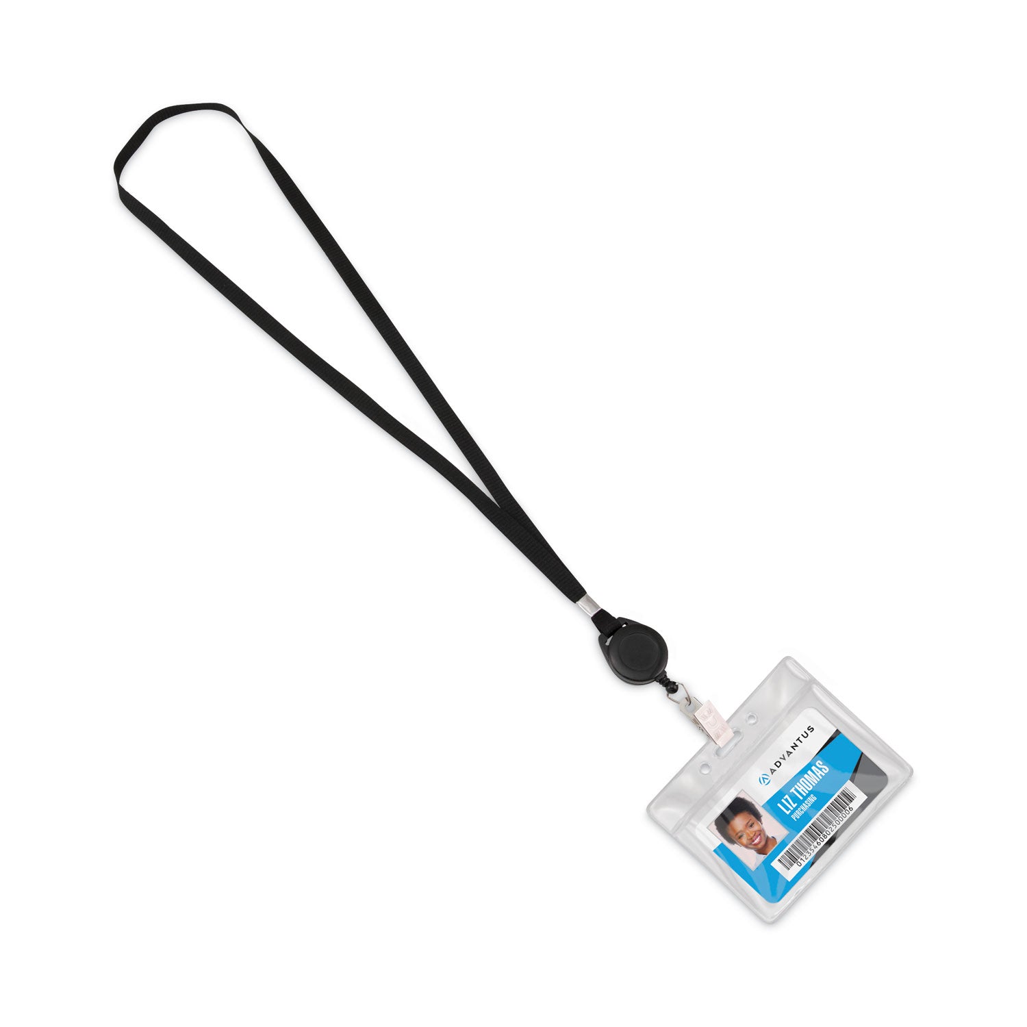 Lanyards with Retractable ID Reels, Metal Clip Fastener, 34" Long, Black, 12/Pack -