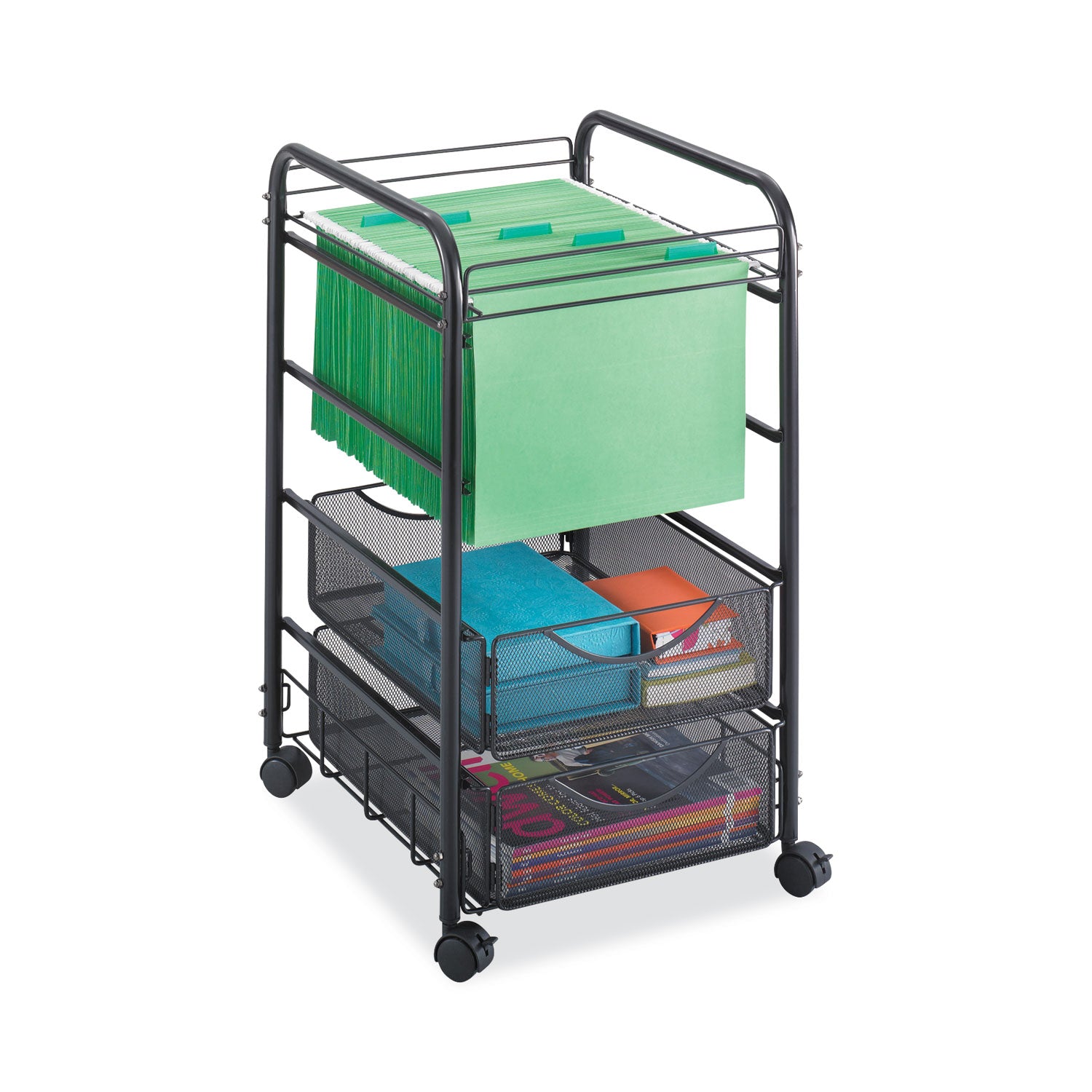 Onyx Mesh Open Mobile File with Drawers, Metal, 2 Drawers, 1 Bin, 15.75" x 17" x 27", Black -