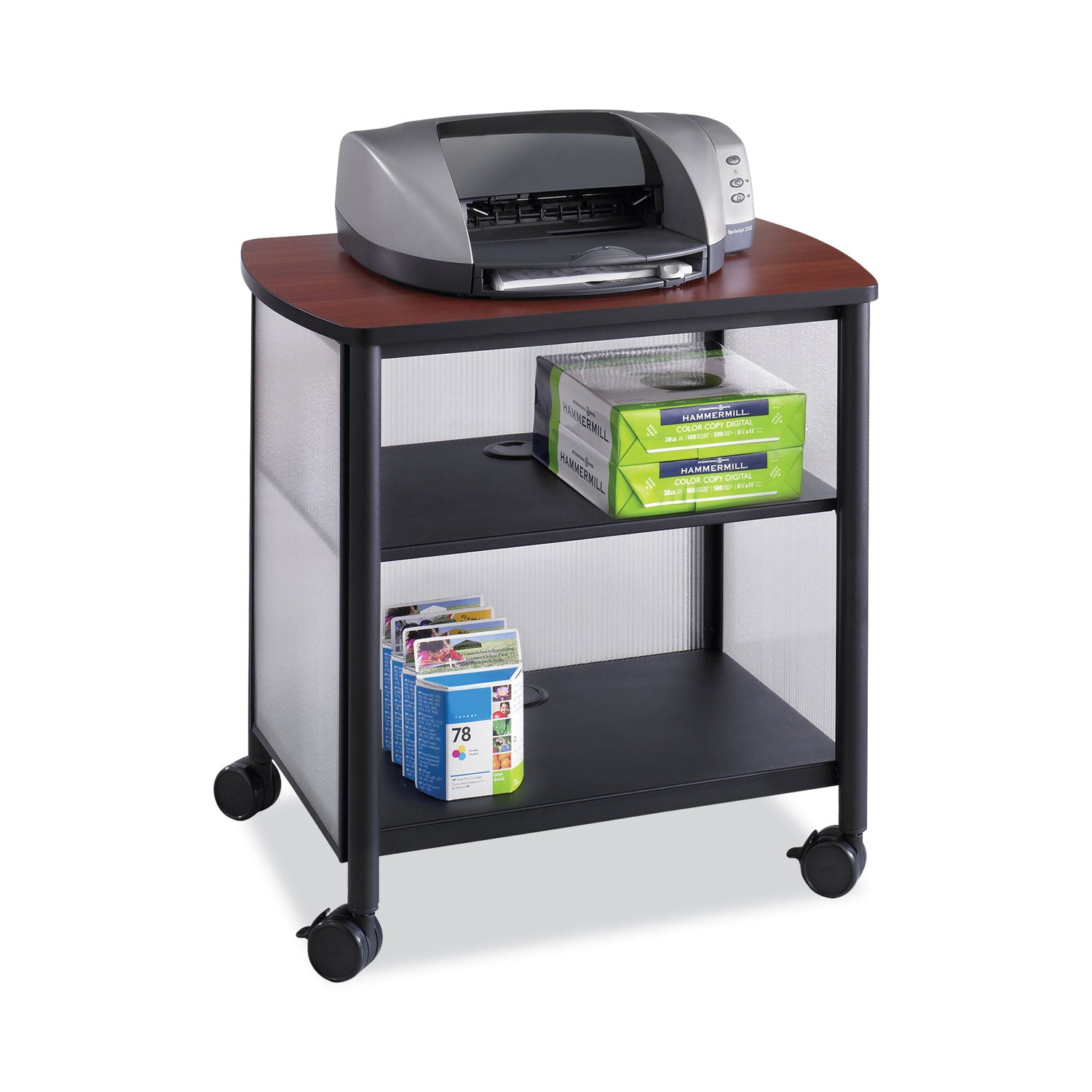 Impromptu Deskside Machine Stand, Metal, 3 Shelves, 100 lb Capacity, 26.25" x 21" x 26.5", Cherry/White/Black -