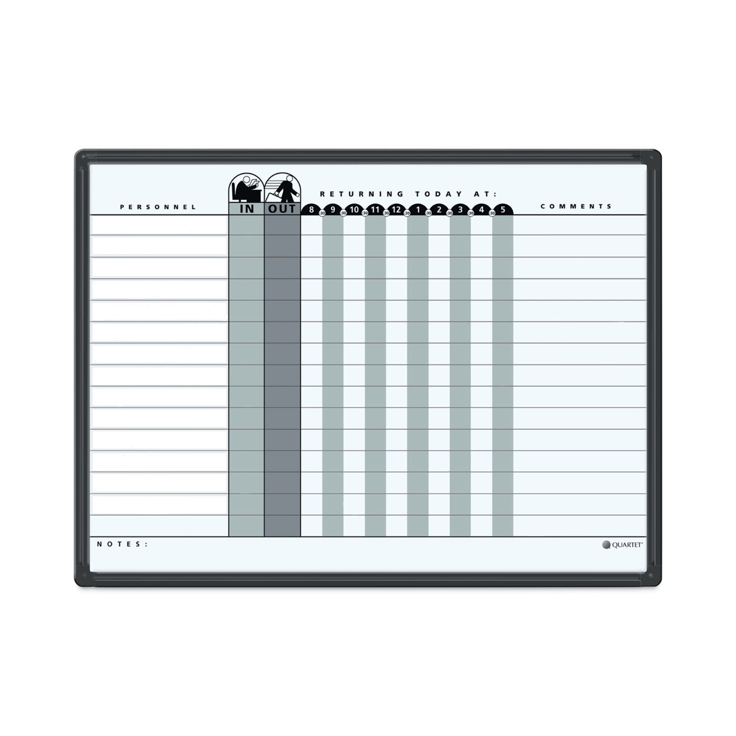 Employee In/Out Board System, Up to 15 Employees, 24 x 18, Porcelain White/Gray Surface, Black Aluminum Frame -