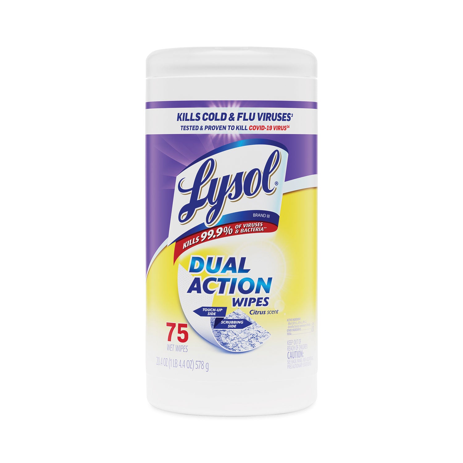 Dual Action Disinfecting Wipes, 1-Ply, 7 x 7.5, Citrus, White/Purple, 75/Canister, 6 Canisters/Carton -