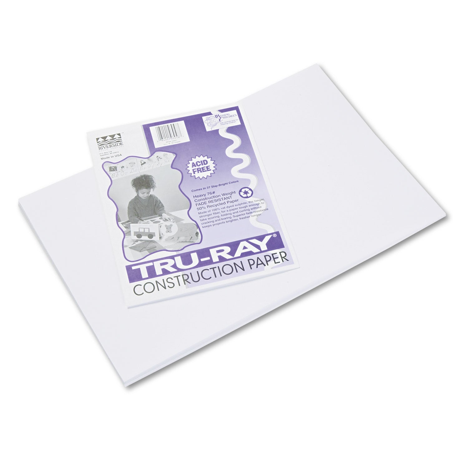 Tru-Ray Construction Paper, 76 lb Text Weight, 12 x 18, White, 50/Pack -