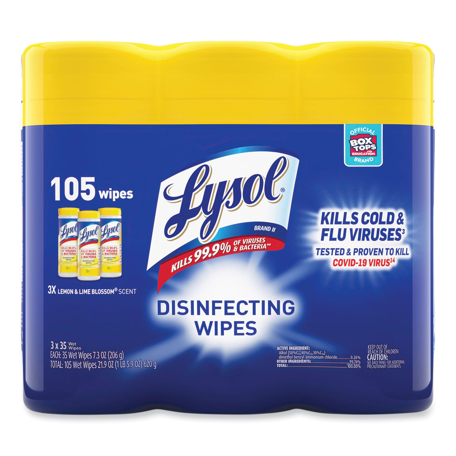 Disinfecting Wipes, 1-Ply, 7 x 7.25, Lemon and Lime Blossom, White, 35 Wipes/Canister, 3 Canisters/Pack, 4 Packs/Carton -