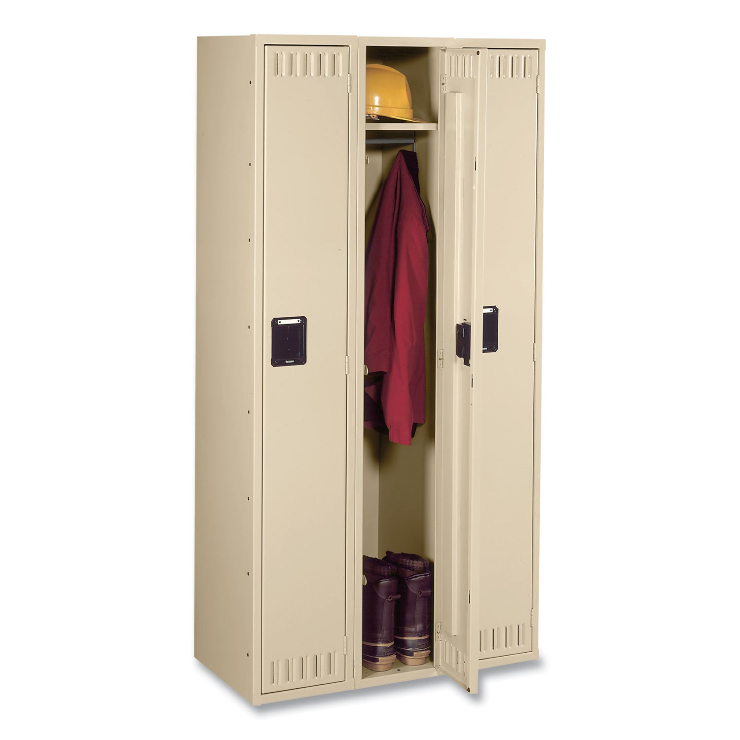 Single-Tier Locker, Three Lockers with Hat Shelves and Coat Rods, 36w x 18d x 72h, Sand -