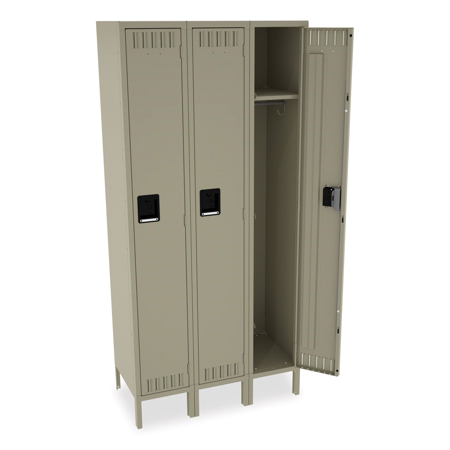 Single-Tier Locker with Legs, Three Lockers with Hat Shelves and Coat Rods, 36w x 18d x 78h, Sand -
