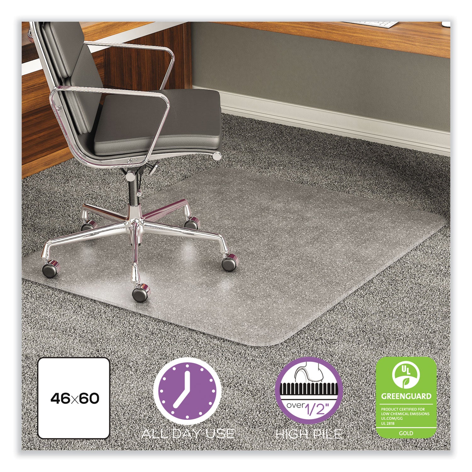 ExecuMat All Day Use Chair Mat for High Pile Carpet, 46 x 60, Rectangular, Clear -