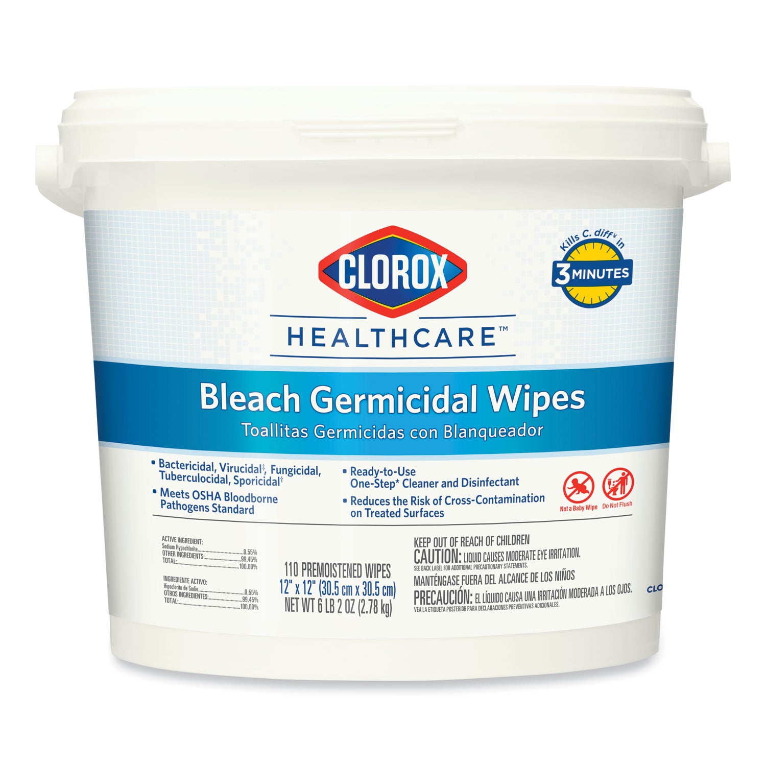 Bleach Germicidal Wipes, 1-Ply, 12 x 12, Unscented, White, 110/Bucket -