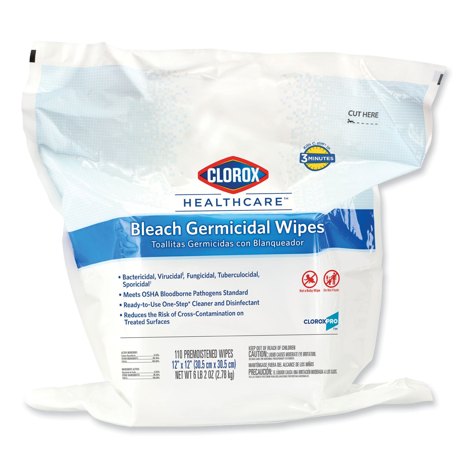Bleach Germicidal Wipes, 1-Ply, 12 x 12, Unscented, White, 110/Bag -
