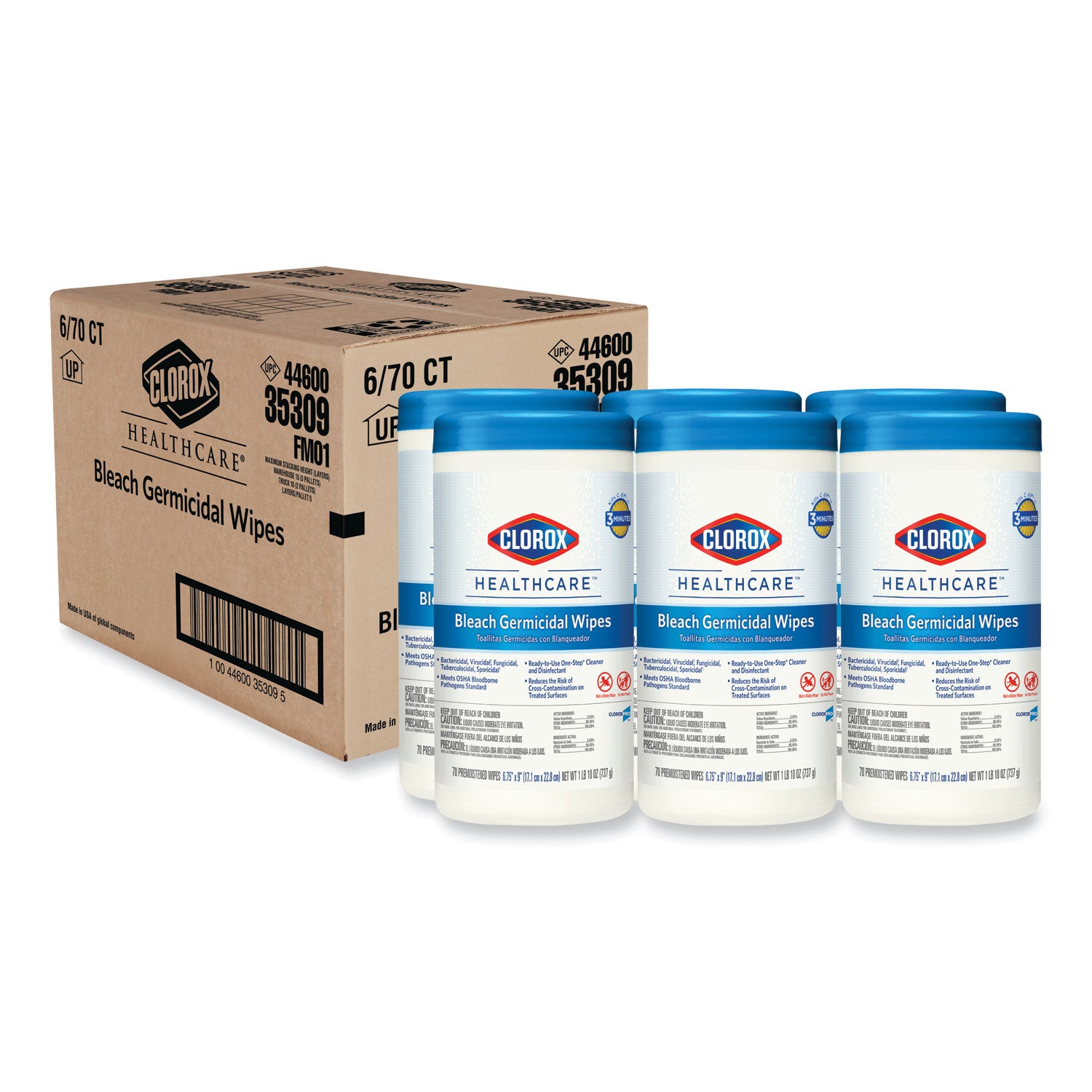 Bleach Germicidal Wipes, 1-Ply, 6.75 x 9, Unscented, White, 70/Canister -