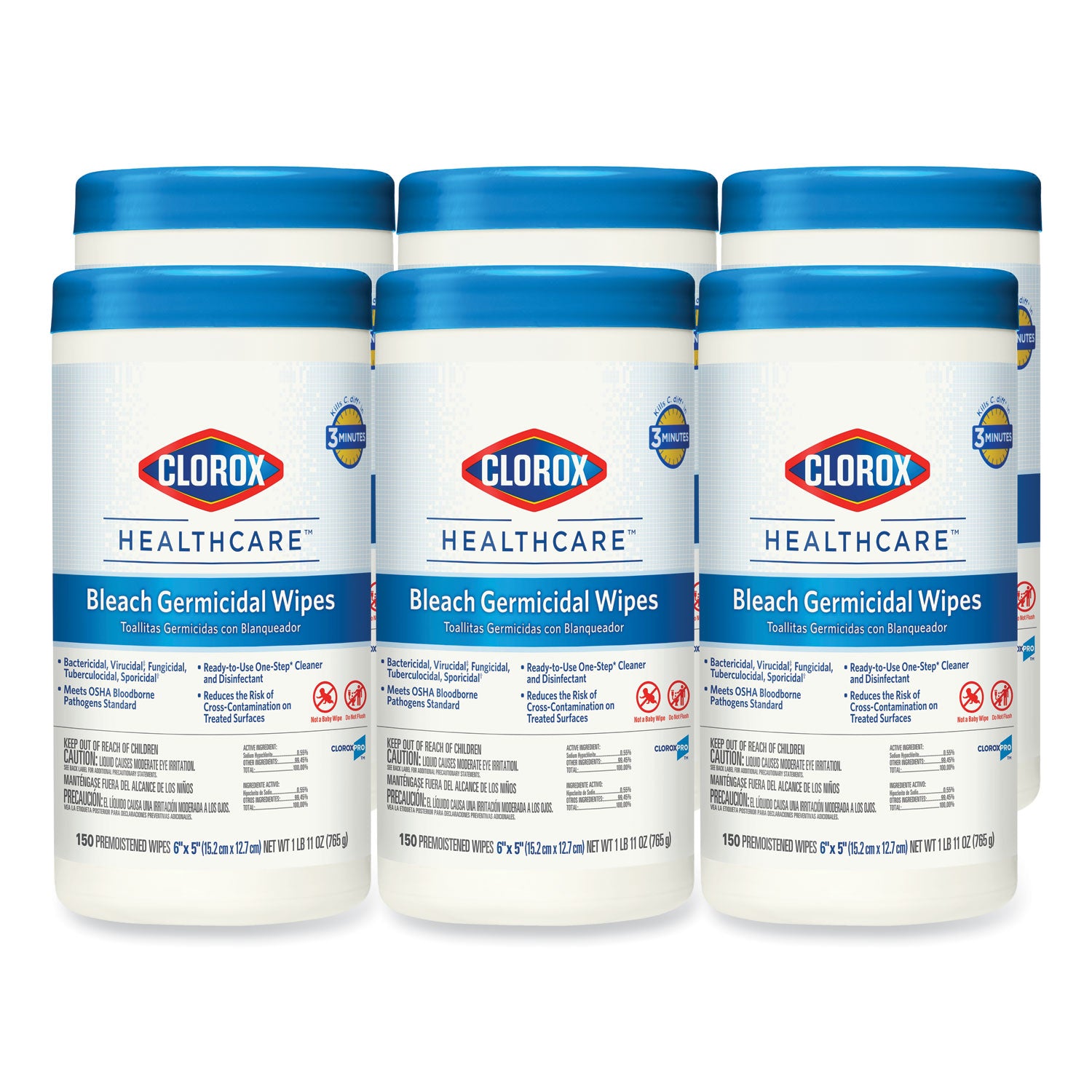 Bleach Germicidal Wipes, 1-Ply, 6 x 5, Unscented, White, 150/Canister, 6 Canisters/Carton -