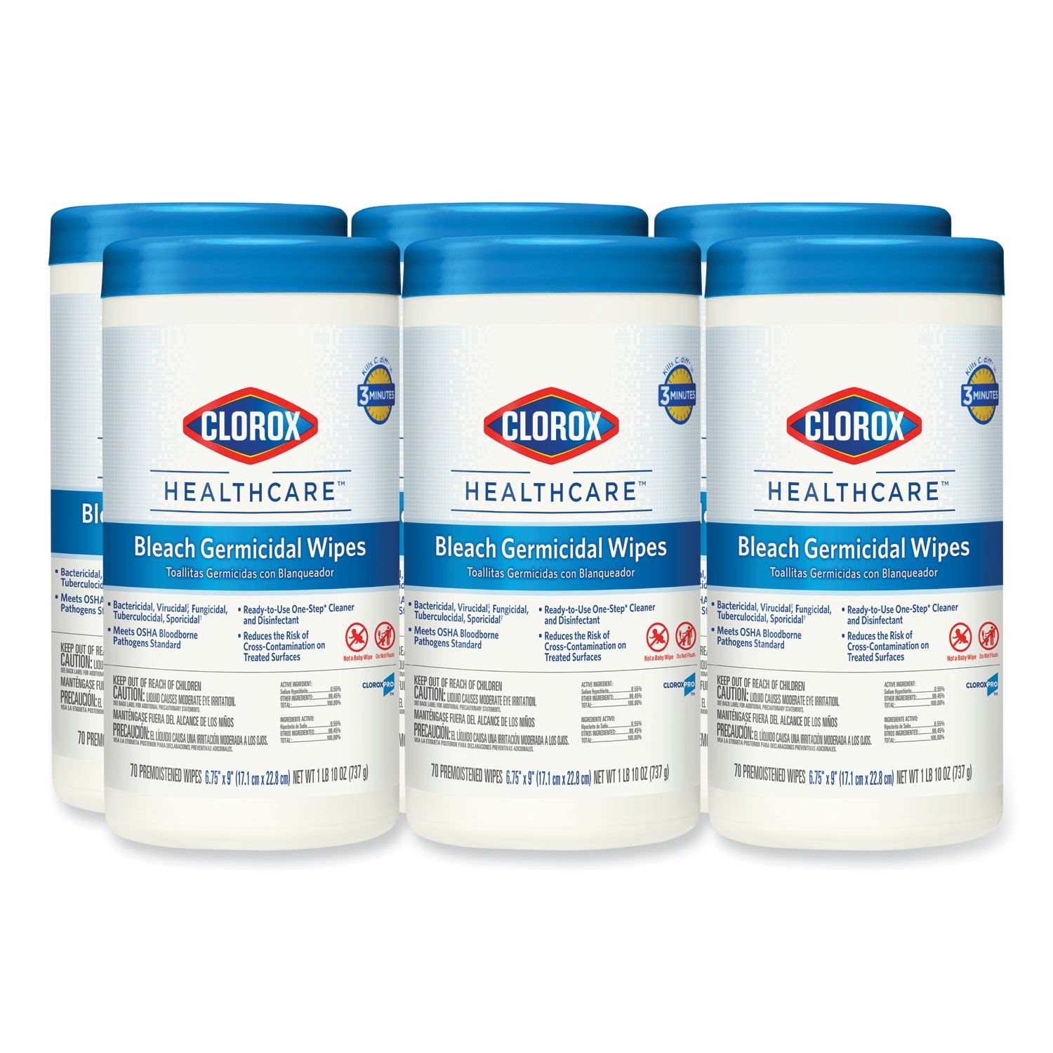 Bleach Germicidal Wipes, 1-Ply, 6.75 x 9, Unscented, White, 70/Canister -