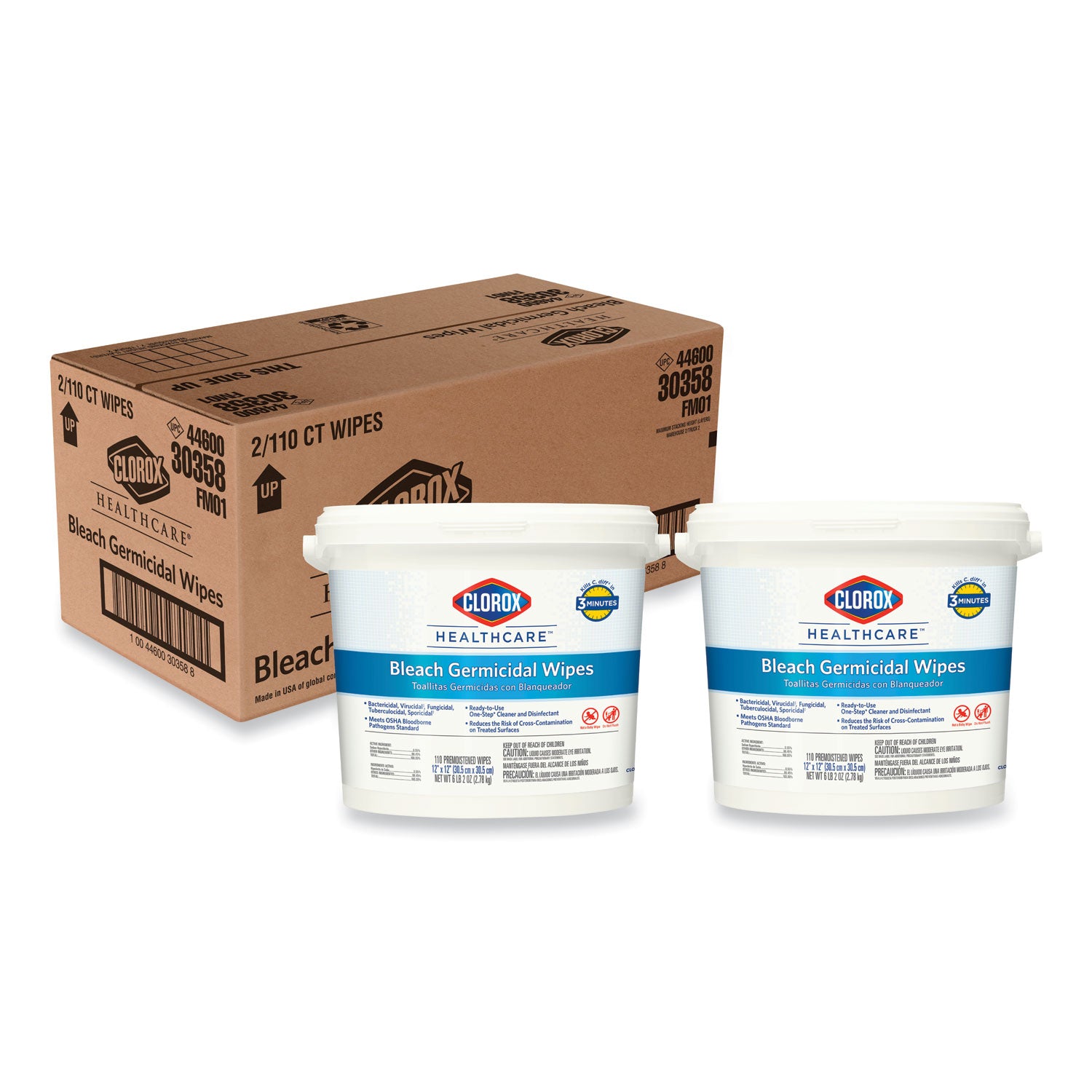 Bleach Germicidal Wipes, 1-Ply, 12 x 12, Unscented, White, 110/Canister, 2 Canisters/Carton -