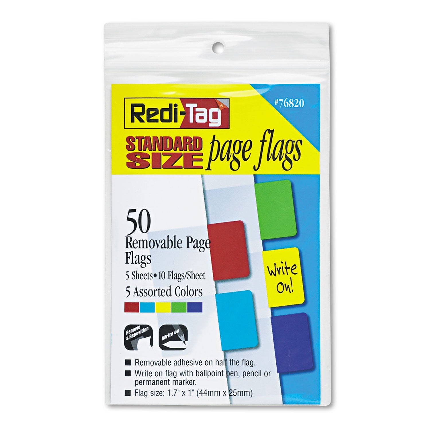 Removable Page Flags, Red/Blue/Green/Yellow/Purple, 10/Color, 50/Pack -