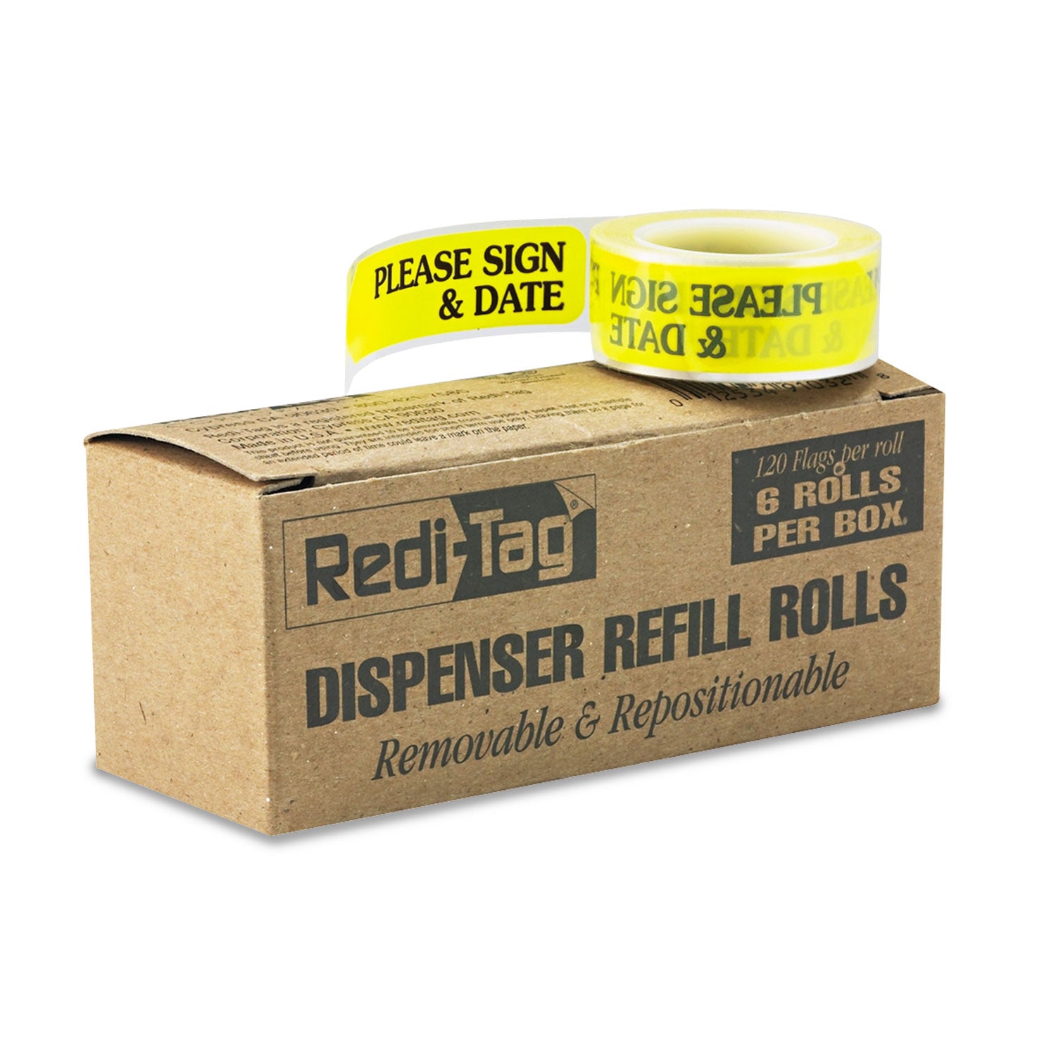 Arrow Message Page Flag Refills, "Please Sign and Date", Yellow, 120/Roll, 6 Rolls -