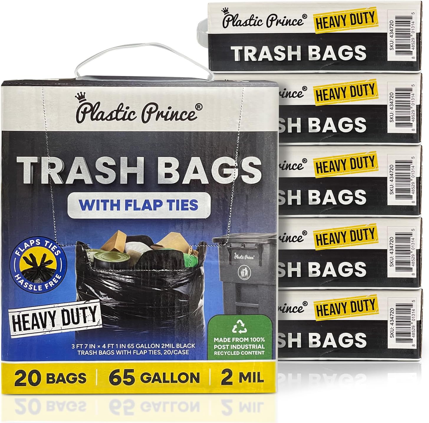 43" x 49" 65 Gallon 2Mil Black Trash Bags with Flap Ties, 20/Box 120/Case