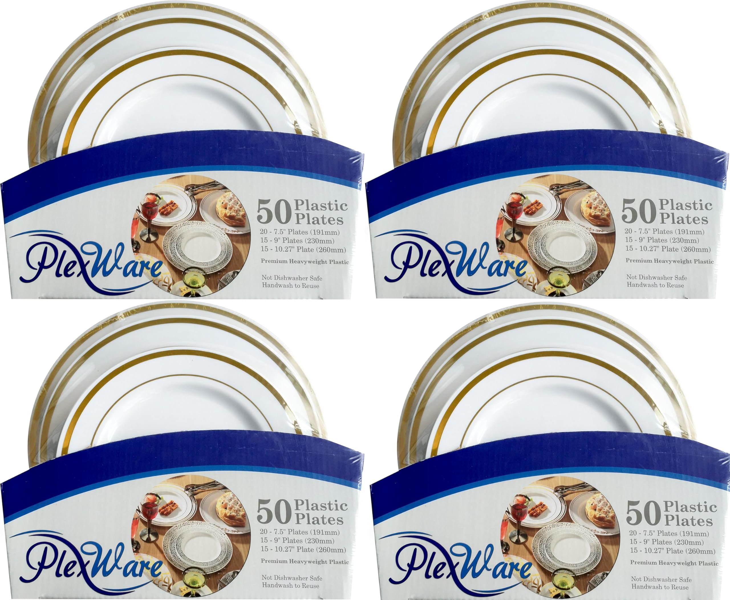 50-piece Set Round White Plates with Golden Rim, 20 Pieces 7.5", 15 Pieces 9", 15 Pieces 10.25", 4/Case