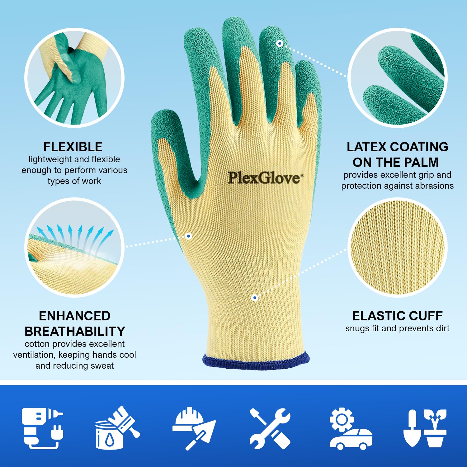 Size 10 Medium Yellow Polyester Heavy Duty Non Slip Work Gloves with Green Latex Coated Palm, 144 Pairs/Case