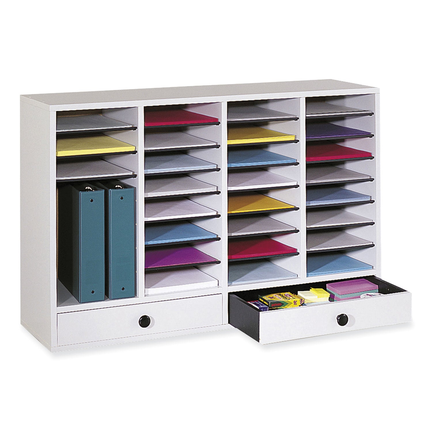 Safco Adjustable Compartment Literature Organizers - 32 Compartment(s) - 2 Drawer(s) - Compartment Size 2.50" x 9.50" x 11.50" - Drawer Size 2.75" x 17.50" - 25.4" Height x 39.4" Width x 11.8" Depth - Stackable - Laminate - Gray - Wood, Fiberboard, H - 1