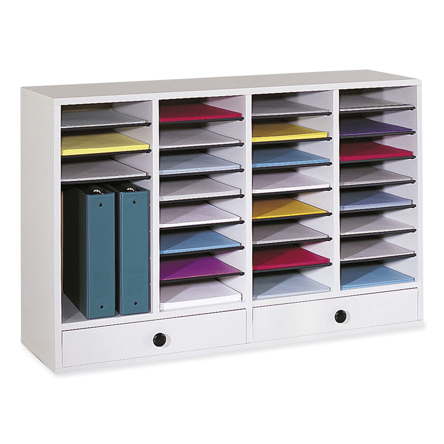 Safco Adjustable Compartment Literature Organizers - 32 Compartment(s) - 2 Drawer(s) - Compartment Size 2.50" x 9.50" x 11.50" - Drawer Size 2.75" x 17.50" - 25.4" Height x 39.4" Width x 11.8" Depth - Stackable - Laminate - Gray - Wood, Fiberboard, H - 2