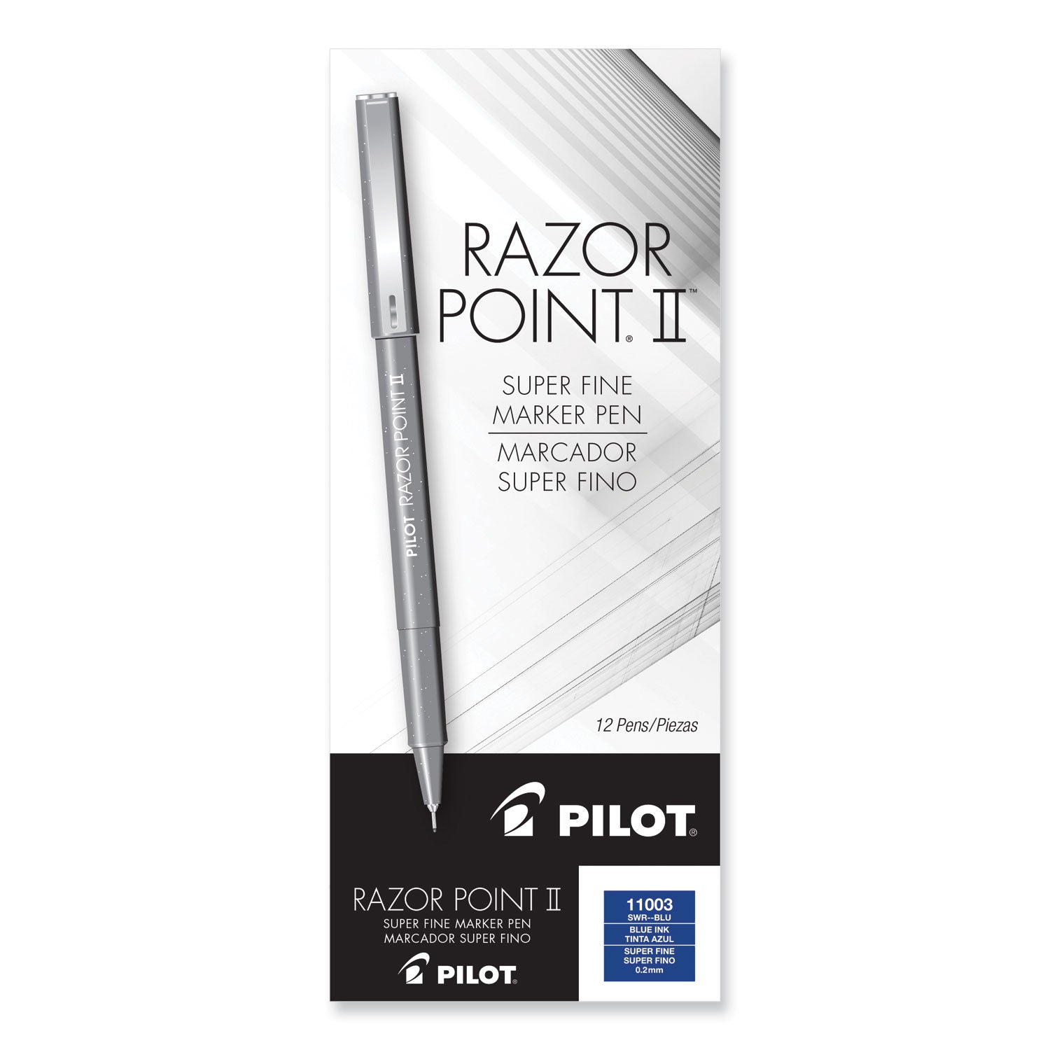 Razor Point II Super Fine Line Porous Point Pen, Stick, Ultra-Fine 0.2 mm, Blue Ink, Blue Barrel, Dozen -