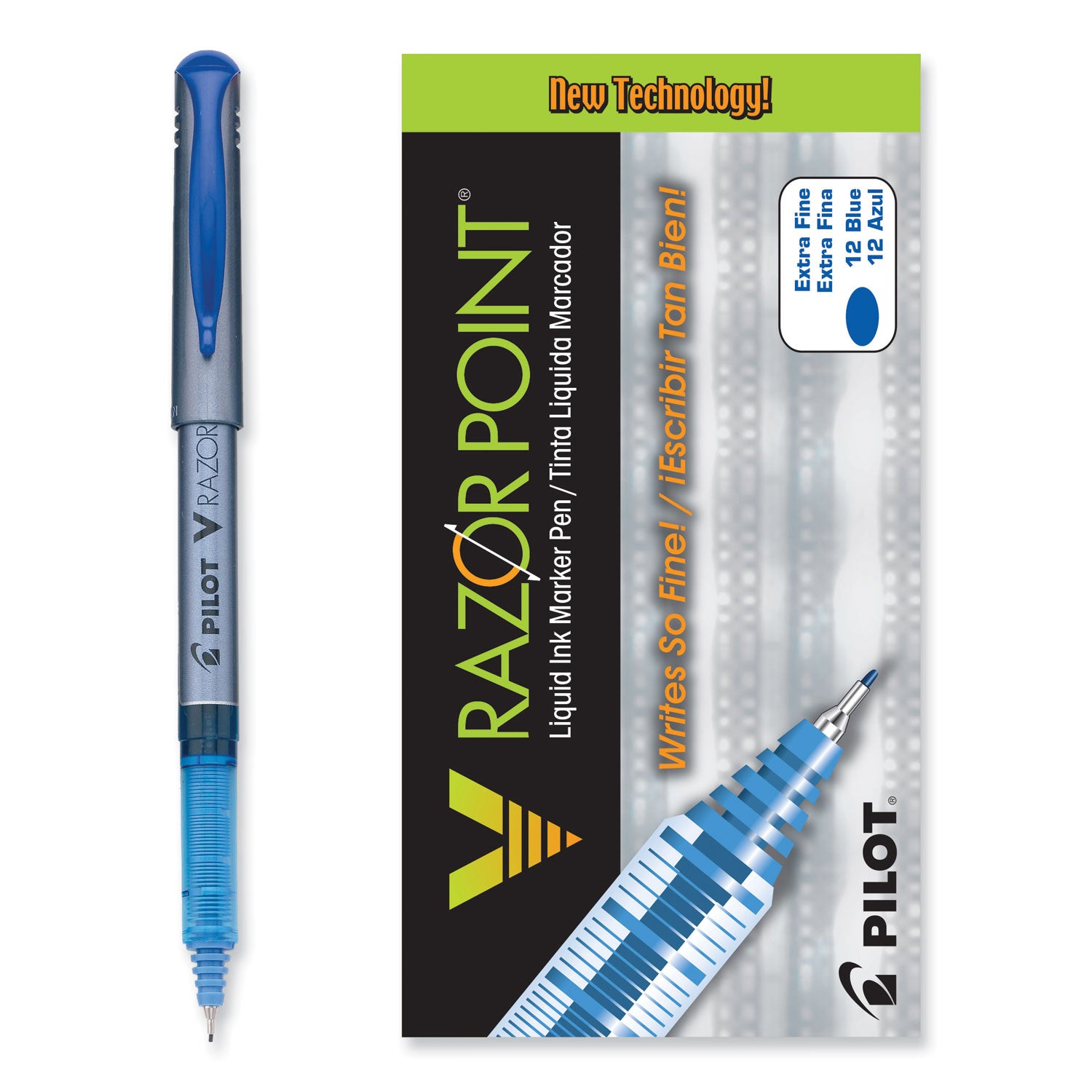 V Razor Point Liquid Ink Porous Point Pen, Stick, Extra-Fine 0.5 mm, Blue Ink, Gray/Translucent Blue Barrel, Dozen -